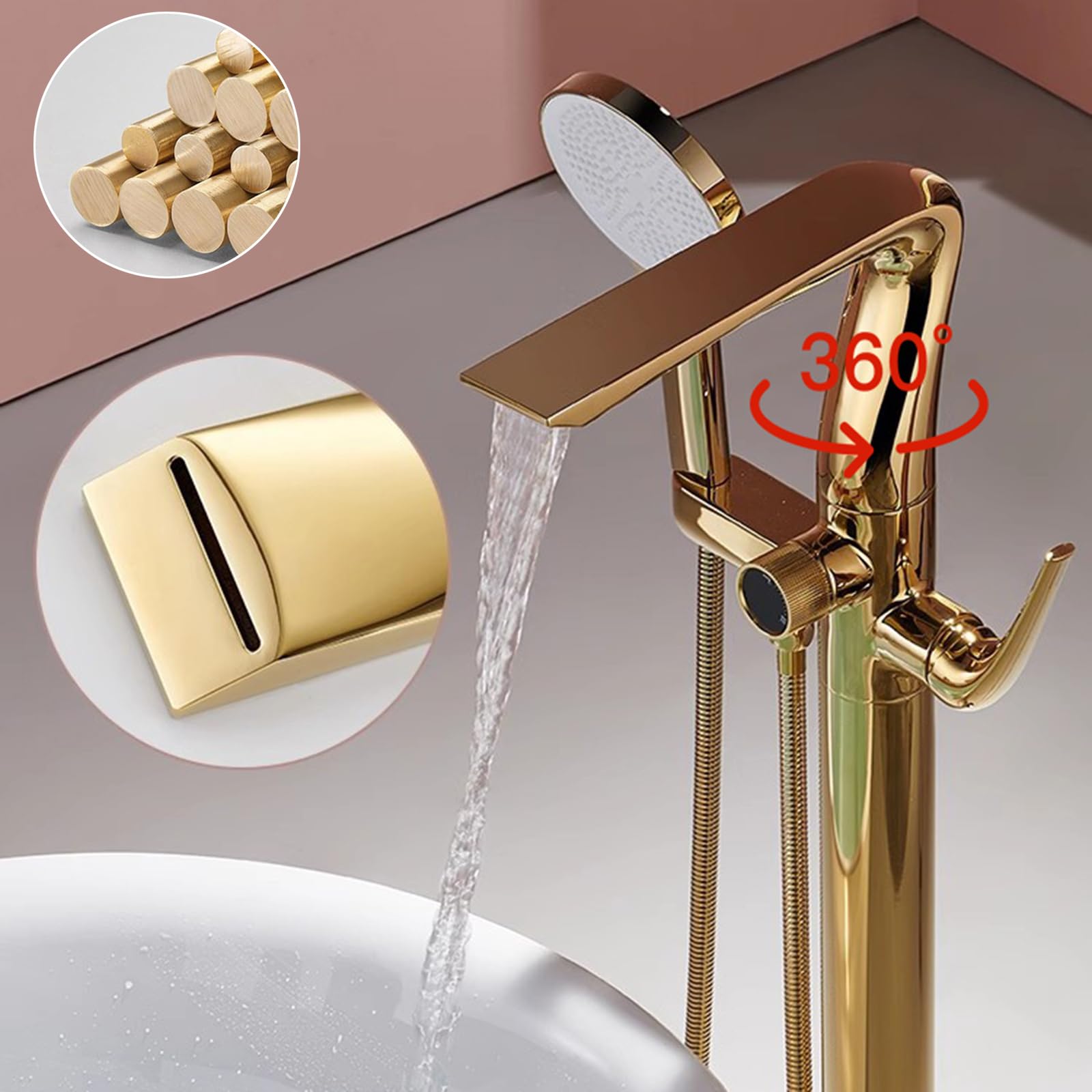 BiaoTeng Grifo Bañera Independiente con Cascada 3 Modos Oro Rosa Laton