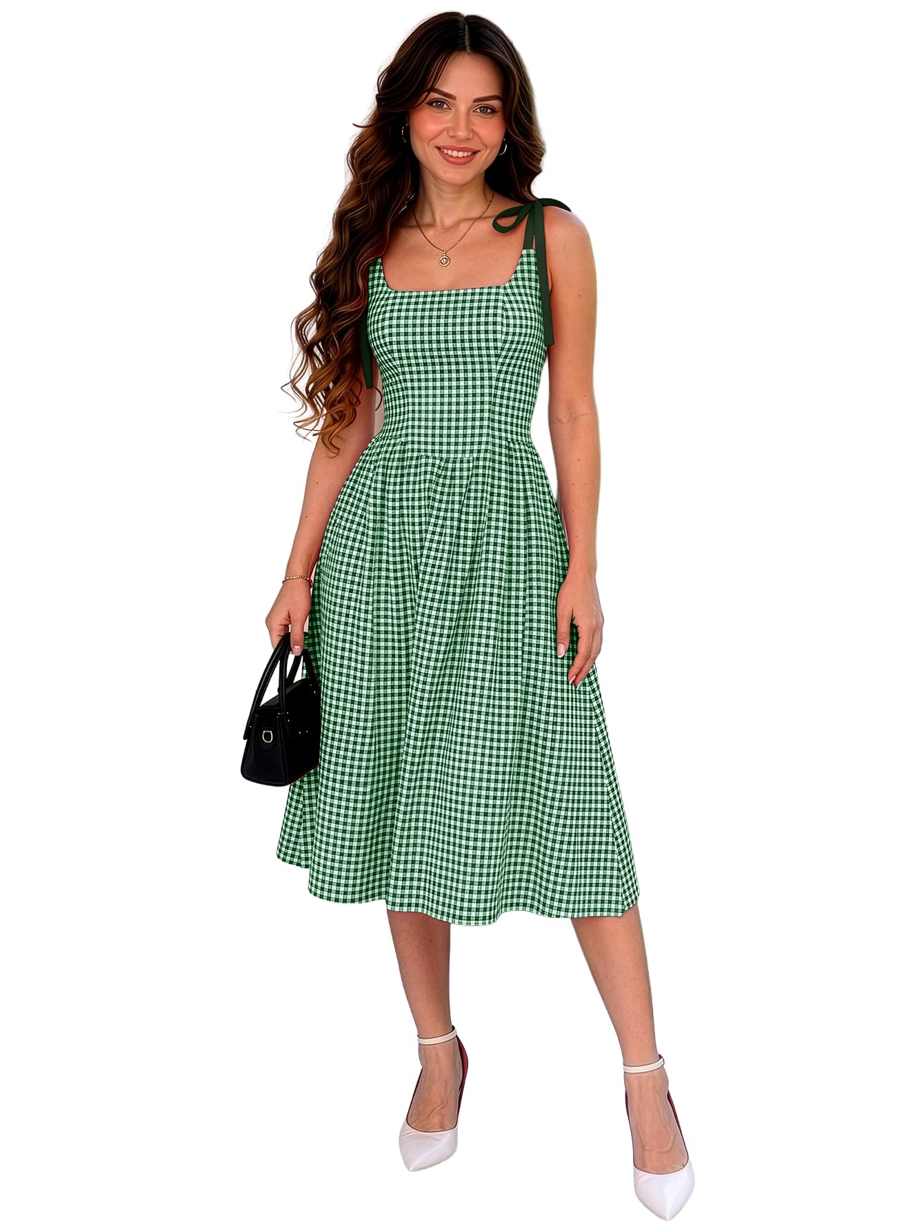 aahwan Fit and Flare Gingham Checks Spaghetti Strap Shoulder Knot Detail Midi Dress for Women's & Girl's-picture-21
