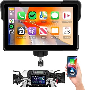 7 Motorcycle Carplay Screen, Rimoody Wireless CarPlay Android Auto with Design Mount Waterproof Touchscreen Supports GPS Navigation/Bluetooth Transmission/EQ