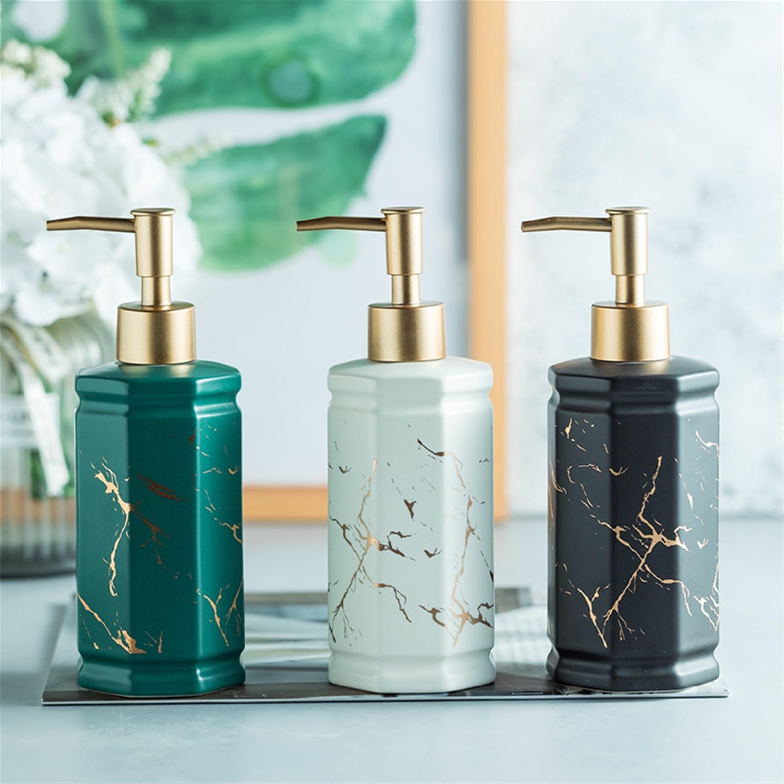 Dispensador de jabón líquido de cerámica para Ducha, Recargable, con Botella dosificadora para baño, Lavabo e Inodoro (Negro).
