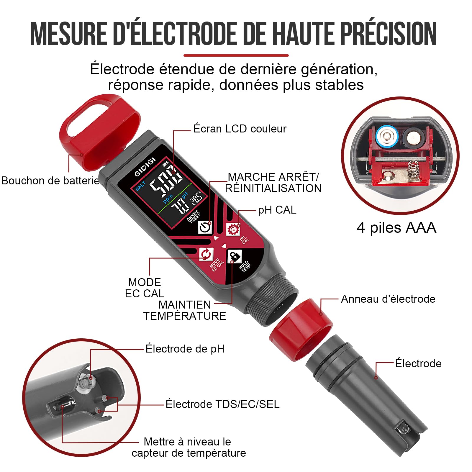 Testeur de sel pour piscine, Testeur de pH 5 en 1 avec écran couleur,Affichage simultané du pH, de la salinité et de la température,Convient aux piscines, aquariums, spas et hydroponiques