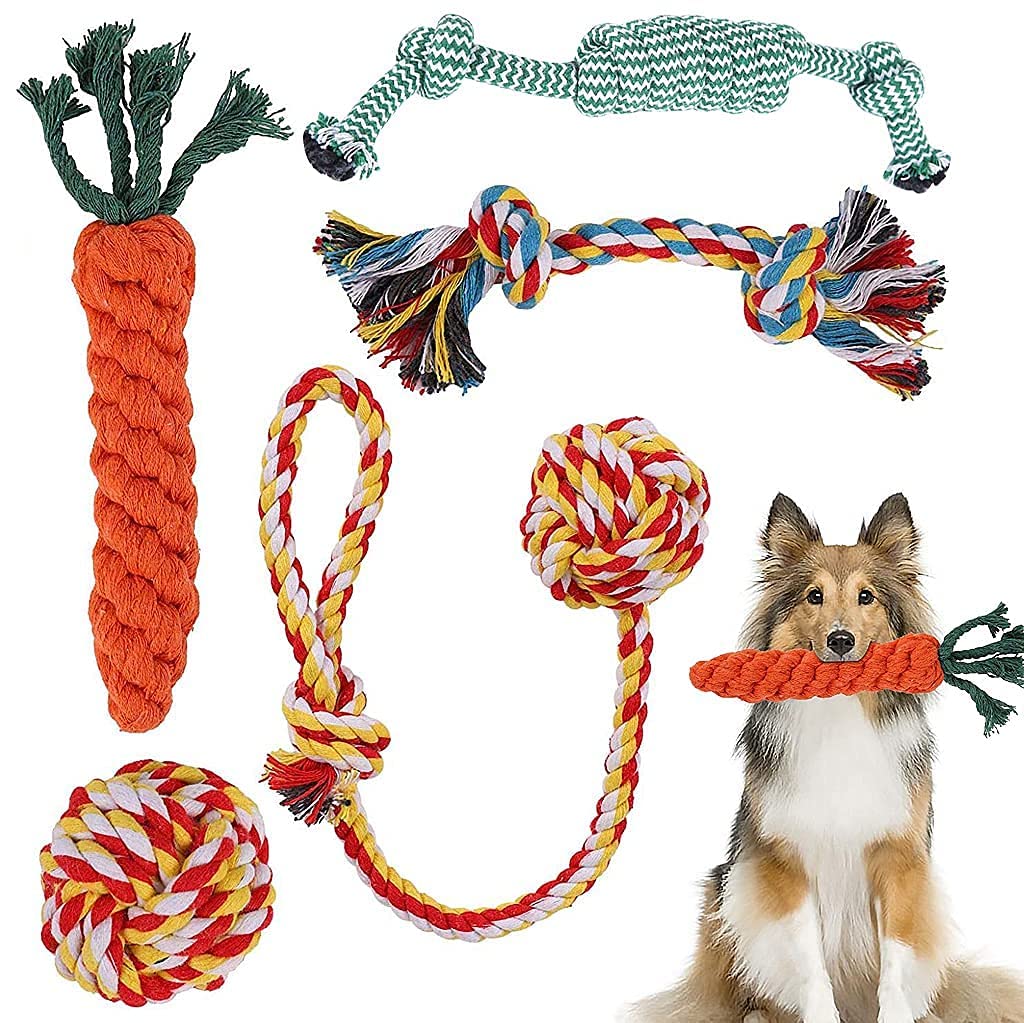 Dog Trust 5Pcs Dog Toys Set Braided Cotton Rope Toys for Dogs Pets - Interactive Dog Toy with Frisbee Ball Carrot Knots Teeth Cleaning for Small and Medium... (B09P64QNVR) Amazon Price History, Amazon Price Tracker