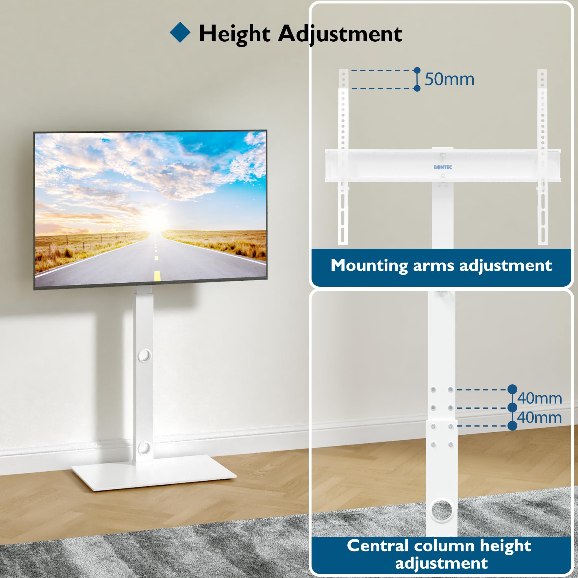 BONTEC Supporto da pavimento per TV da 30 a 70 pollici, LED, LCD, OLED, Plasma, piatto e curvo, altezza regolabile, con staffe fino a 40 kg, VESA max 600 x 400 mm, bianco…