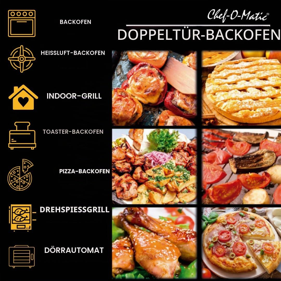 STARLYF Doble Door Oven Heißluftofen 28L | Doppeltür, 18 Programme, 1700W, Grill, Drehspieß, Dörrgerät & LCD-Display | Multifunktions-Backofen mit Heißluft & Energieeffizienz