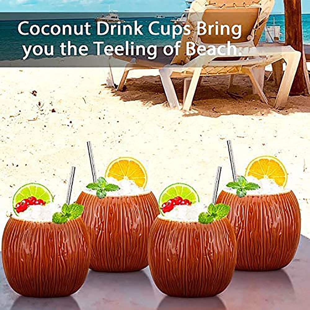 SuproBarware - Juego de 4 tazas de cóctel tropical de cerámica Tiki para bebidas exóticas y cócteles hawaianos, diseño de coco, ambiente festivo y verano