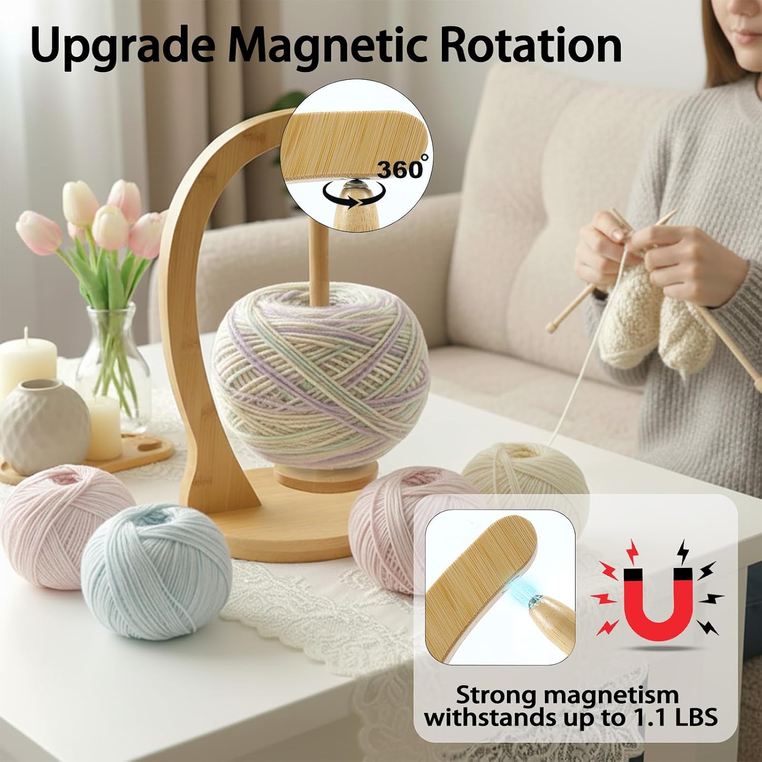 Yarn Holder for Crocheting and Knitting, Wooden Yarn Spinner with Magnetic Rotating Mechanism,Gift for Crocheter and Knitter（Natural）