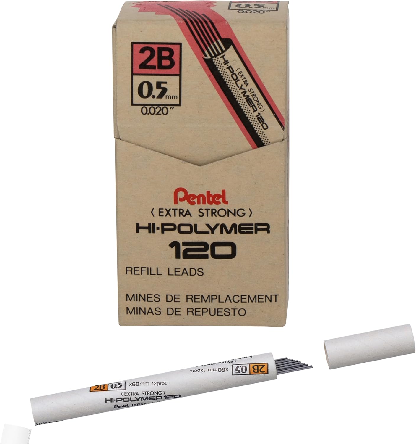 Pentel Premium Hi-Polymer Lead, 0.5mm, Fine, HB, 12 Pieces/Tube, Box of 12 (C525-HB)