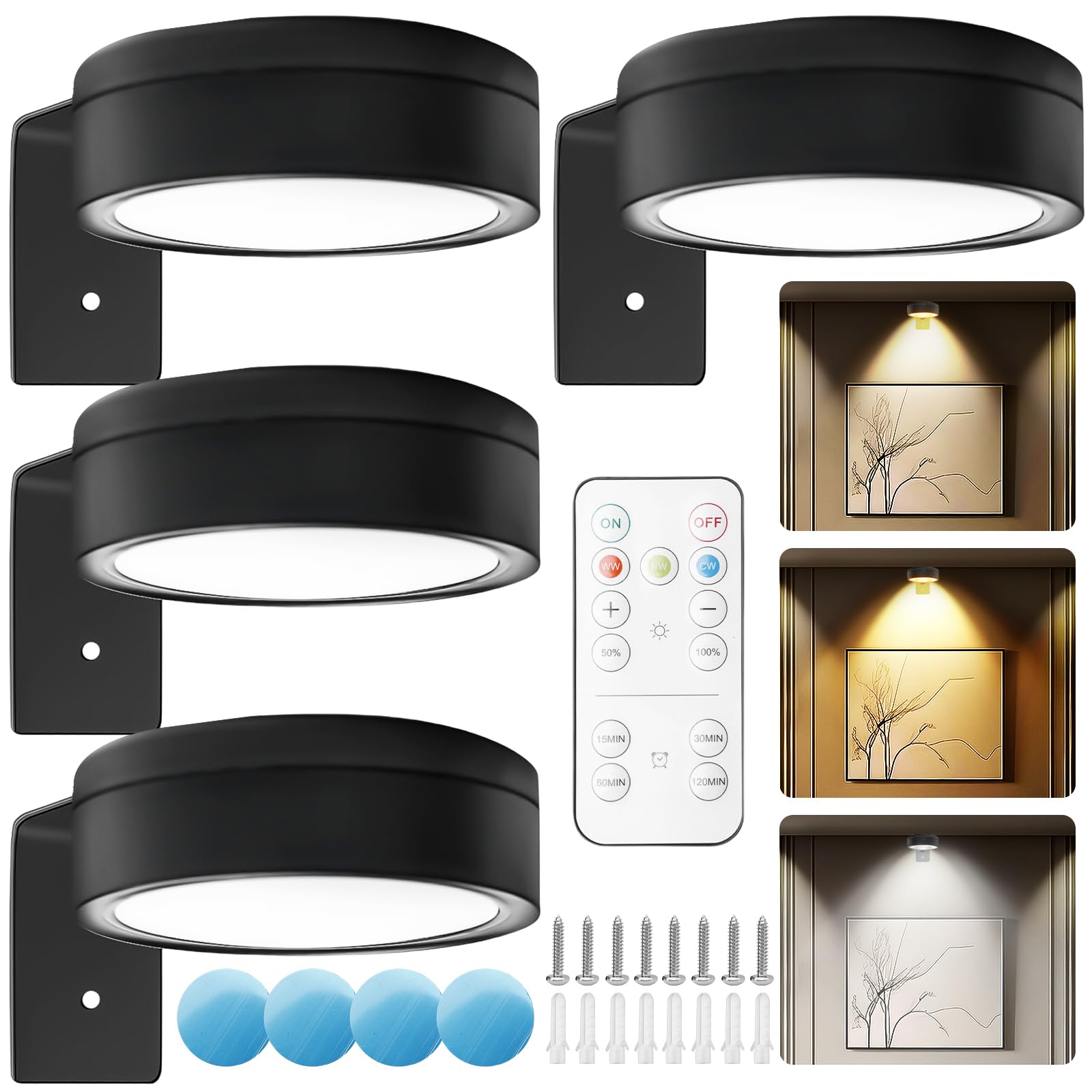 Aicharynic Confezione da 4 luci per quadri, luce per quadri con batteria e telecomando, lampada per quadri, luce da pittura ricaricabile con 3 temperature di colore, LED dimmerabile per esposizione