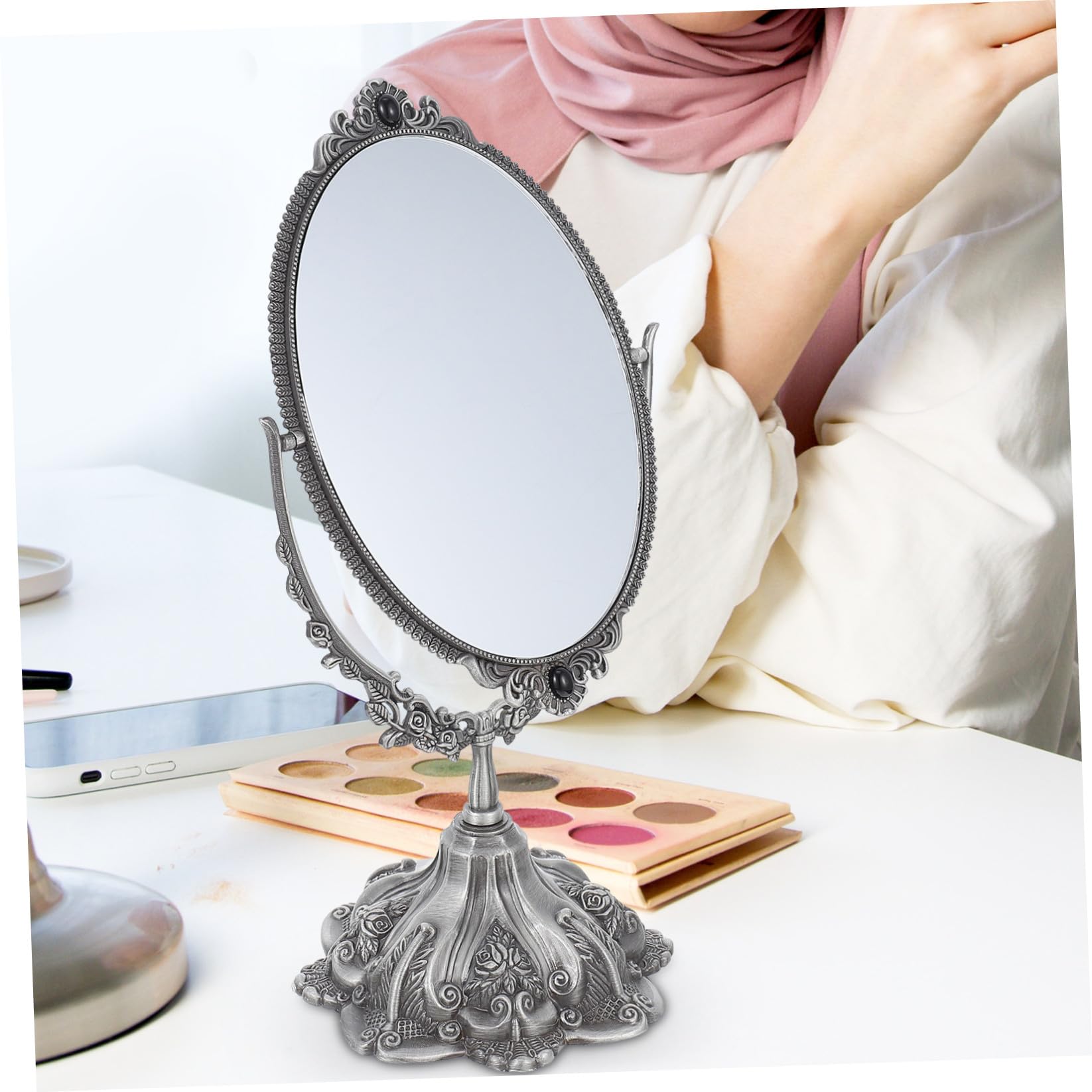 DOITOOL Espejo De Maquillaje De Doble Cara Espejo De Maquillaje Decorativo Decoraciones De Mesa Espejo Decorativo Antiguo Espejos Ovalados Princesa Decoración Boda Aleación De Zinc Tocador