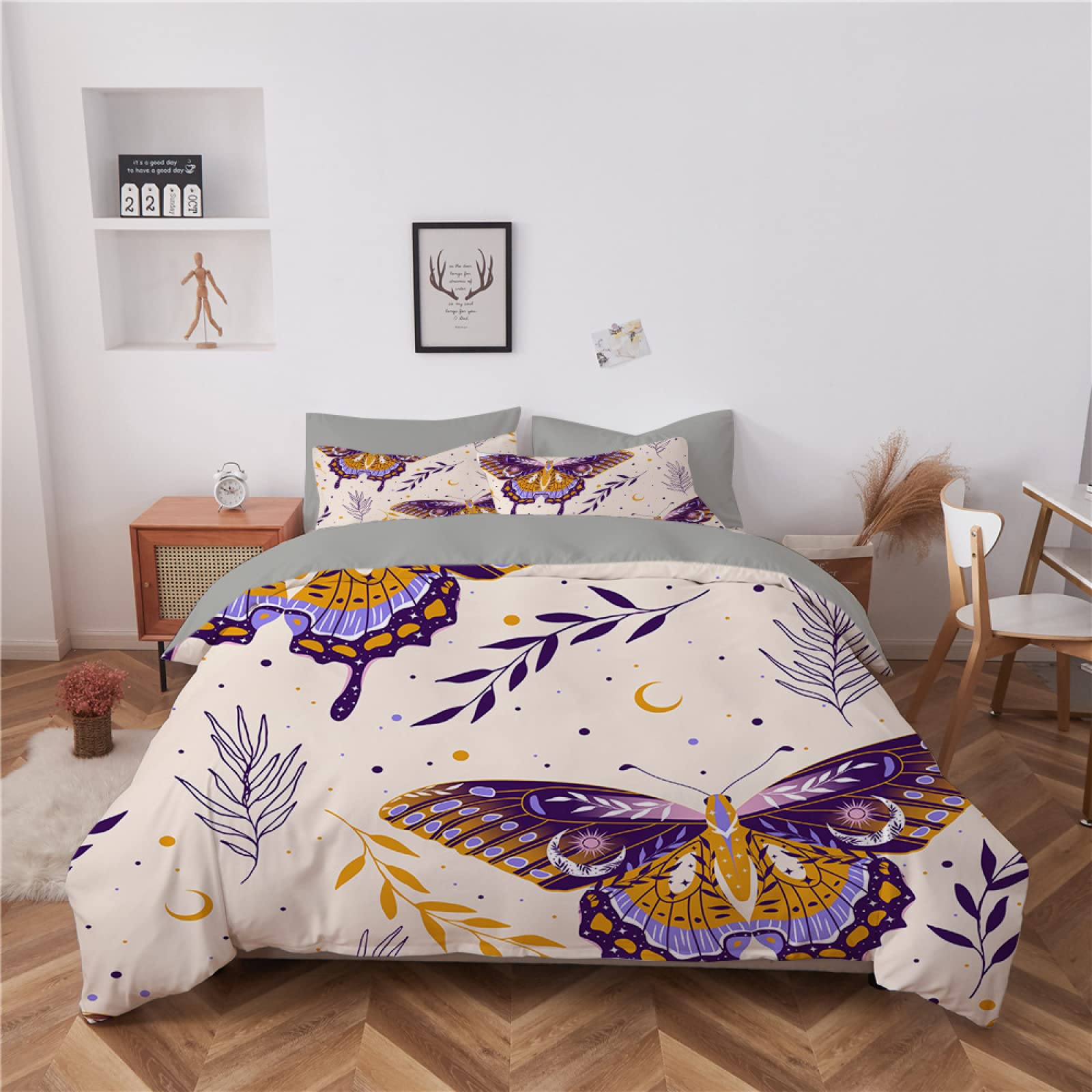 Dwetcxo King Size Duvet Cover Sets Purple Insect Leaves Kingsize Duvet Cover Sets Microfiber Breathable King Size Bedding Soft Bedding with Zipper Closure+2 Pillowcases 50x75cm 220x240cm