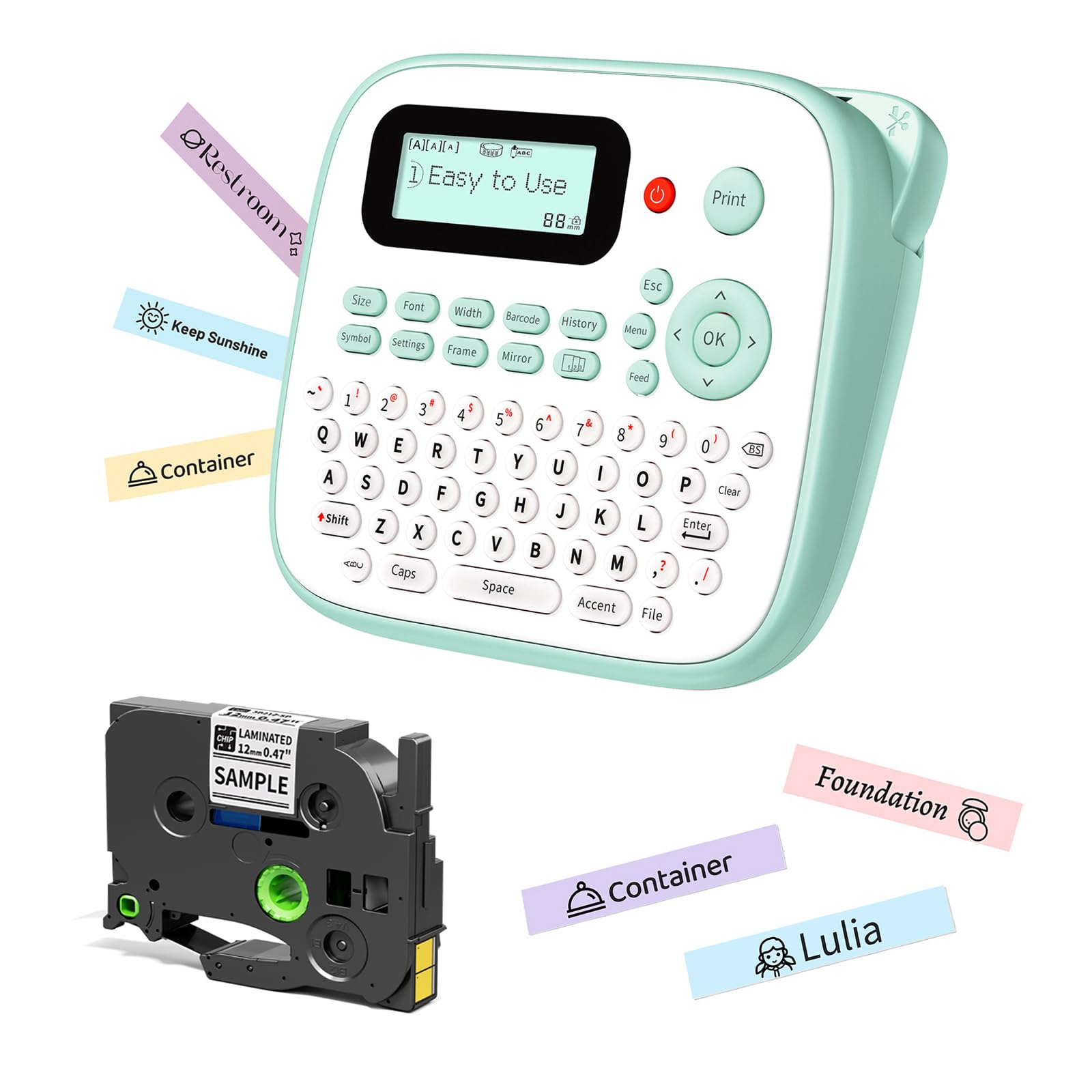 Label Maker for Kids, Desktop Label Maker Machine Labels-Waterproof, D210S Handheld Labeler Machine with Tape-12mm 0.47 Laminated White, Multiple