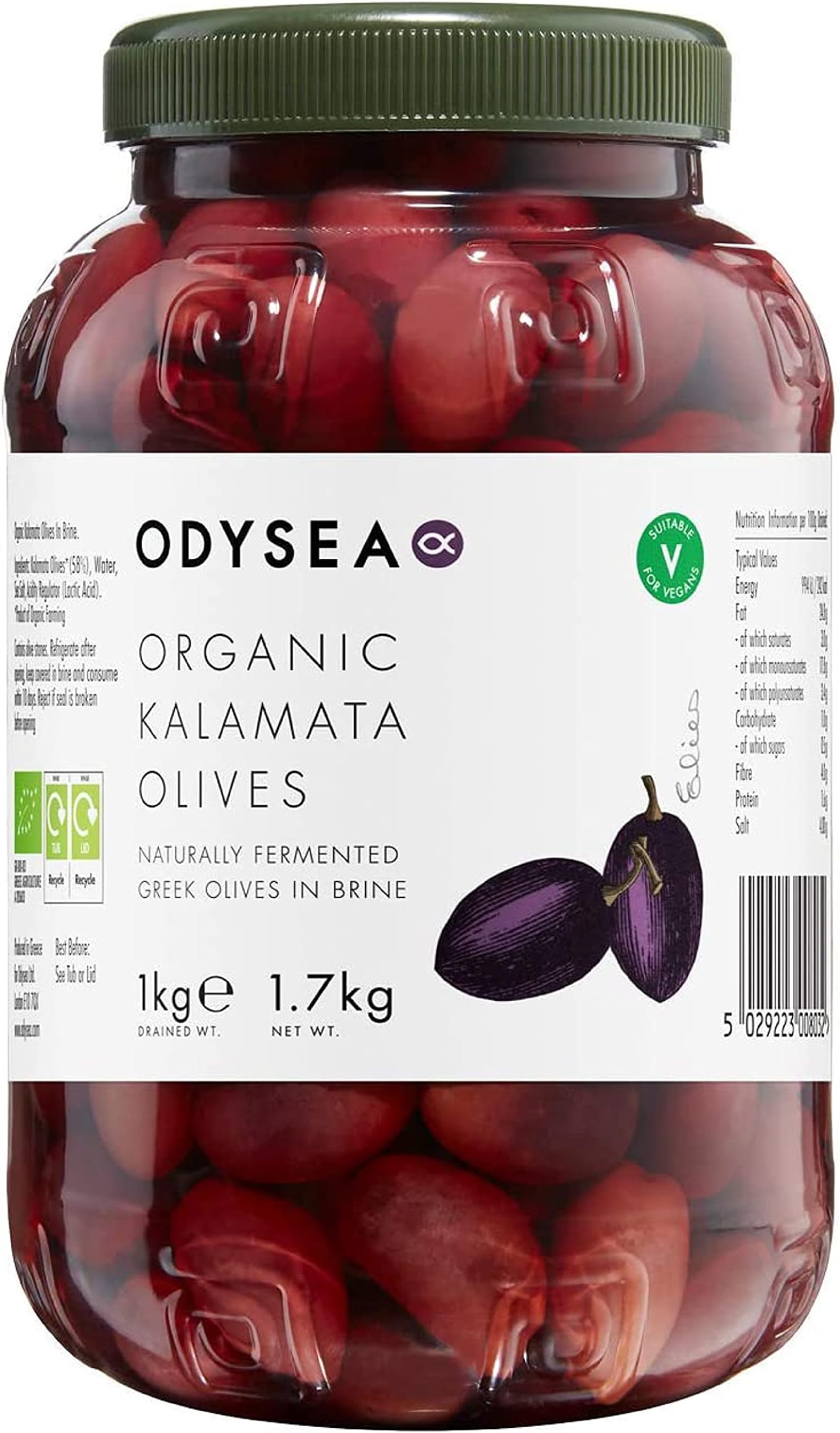 Odysea Organic Unpitted Kalamata Olives in brine, 1kg
