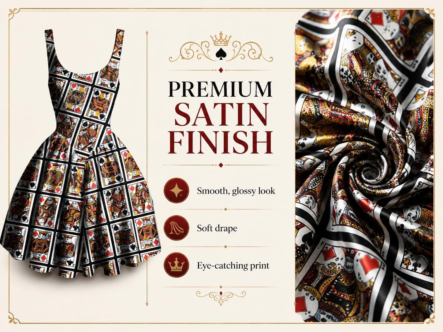 Women's Playing Cards Printed Satin Overbust Corset with Shoulder Strap Gathered Dress