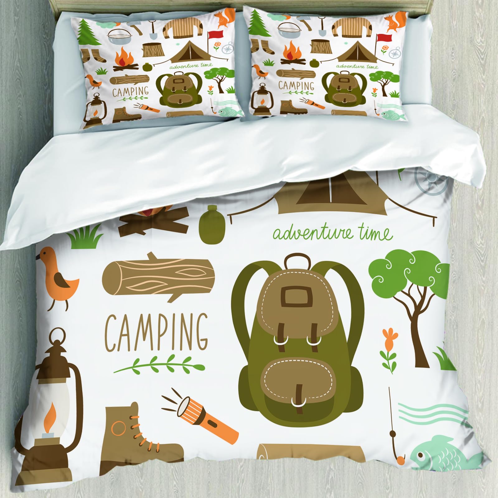Bettwäsche Set 100% Baumwolle ist,Abenteuer, Campingausrüstung, Schlafsack, Stiefel, Lagerfeuer, Schaufel, Beil, H,und allem auch für Personen mit Hautsensibilisierung empfohlen 228x264cm