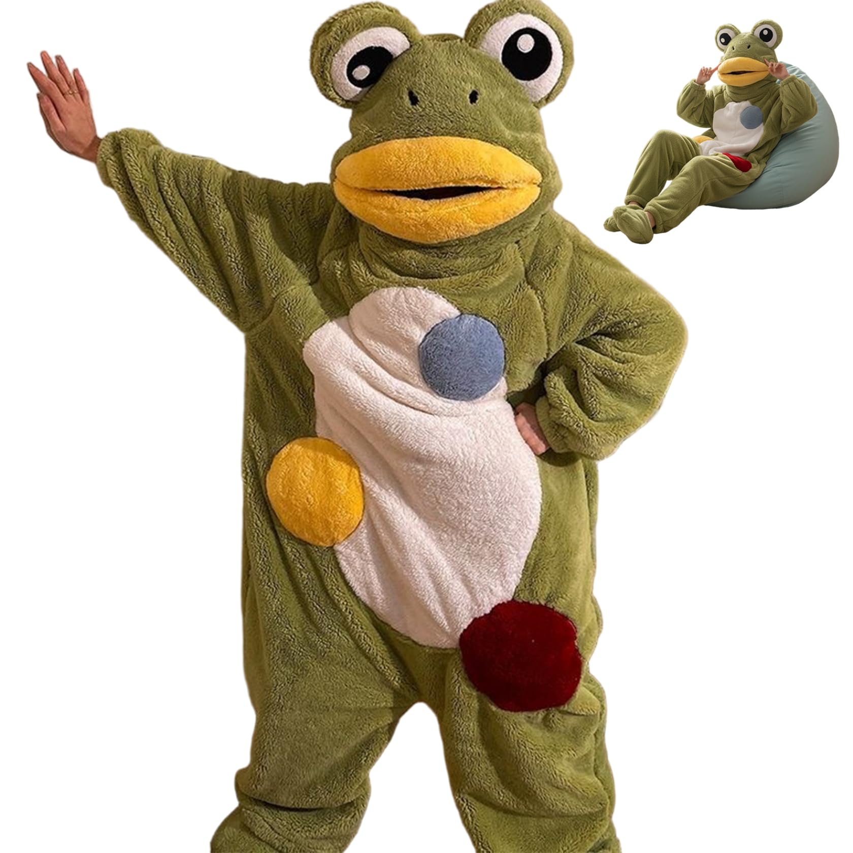 Ameble Unisex M Soft Coral Fleece Frog Onesie For Adults, Full Body Pajamas With Hood & Feet, War Animal Costume For Halloween, Cosplay, Loungewear, Size