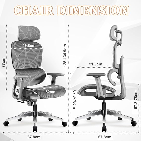 Ergonomic Office Chair,High Back Desk Chair with 3-Gear Lumbar Support,3D Armrest and Adjustable Headrest,Mesh Height Swivel Computer Gaming Chair,Tilt Function(Gray)