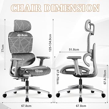 Ergonomic Office Chair,High Back Desk Chair with 3-Gear Lumbar Support,3D Armrest and Adjustable Headrest,Mesh Height Swivel Computer Gaming Chair,Tilt Function(Gray)