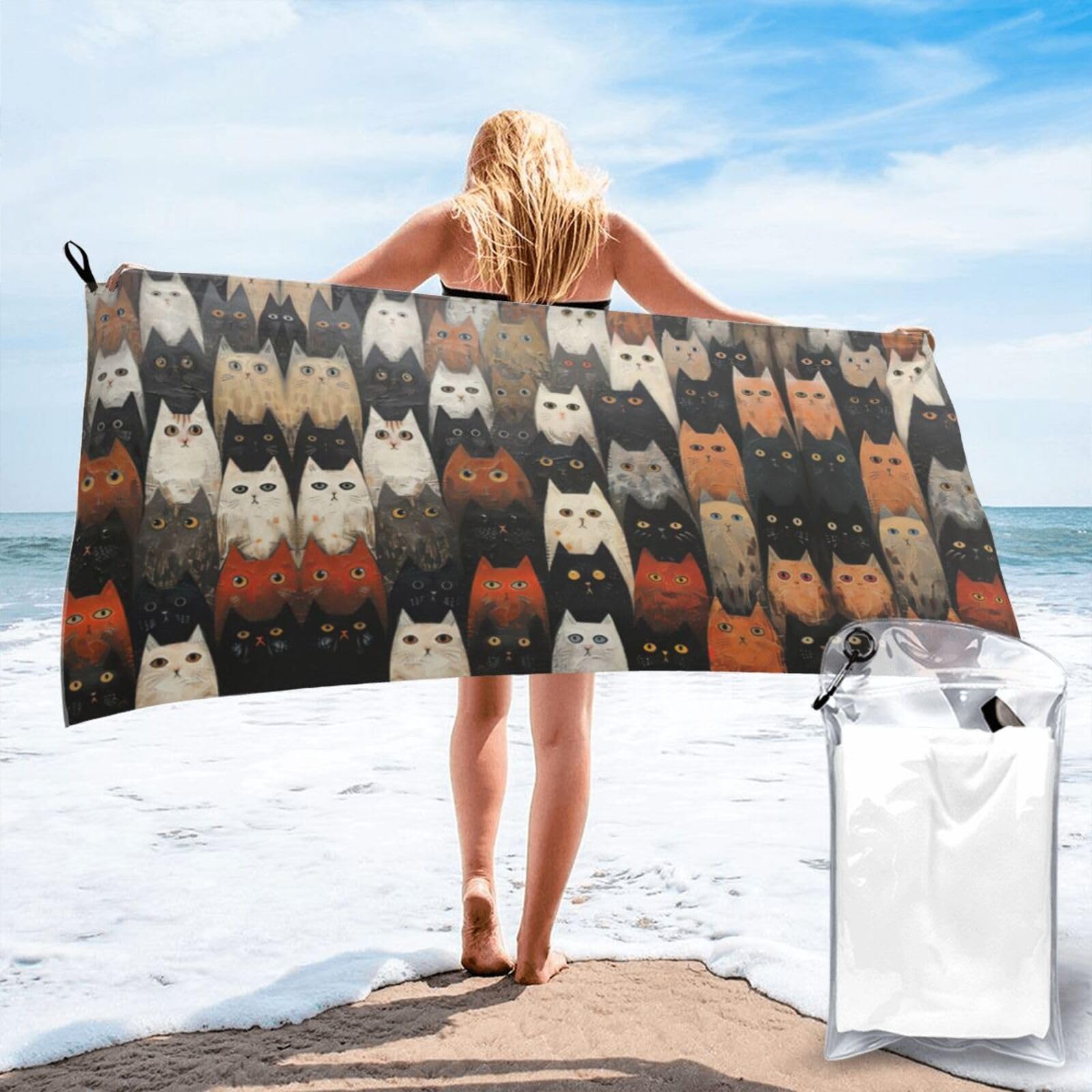 DIEzig Cat Print Beach Towel Fast Dry Thin For Holiday Vacation Cruise Gym Swimmers
