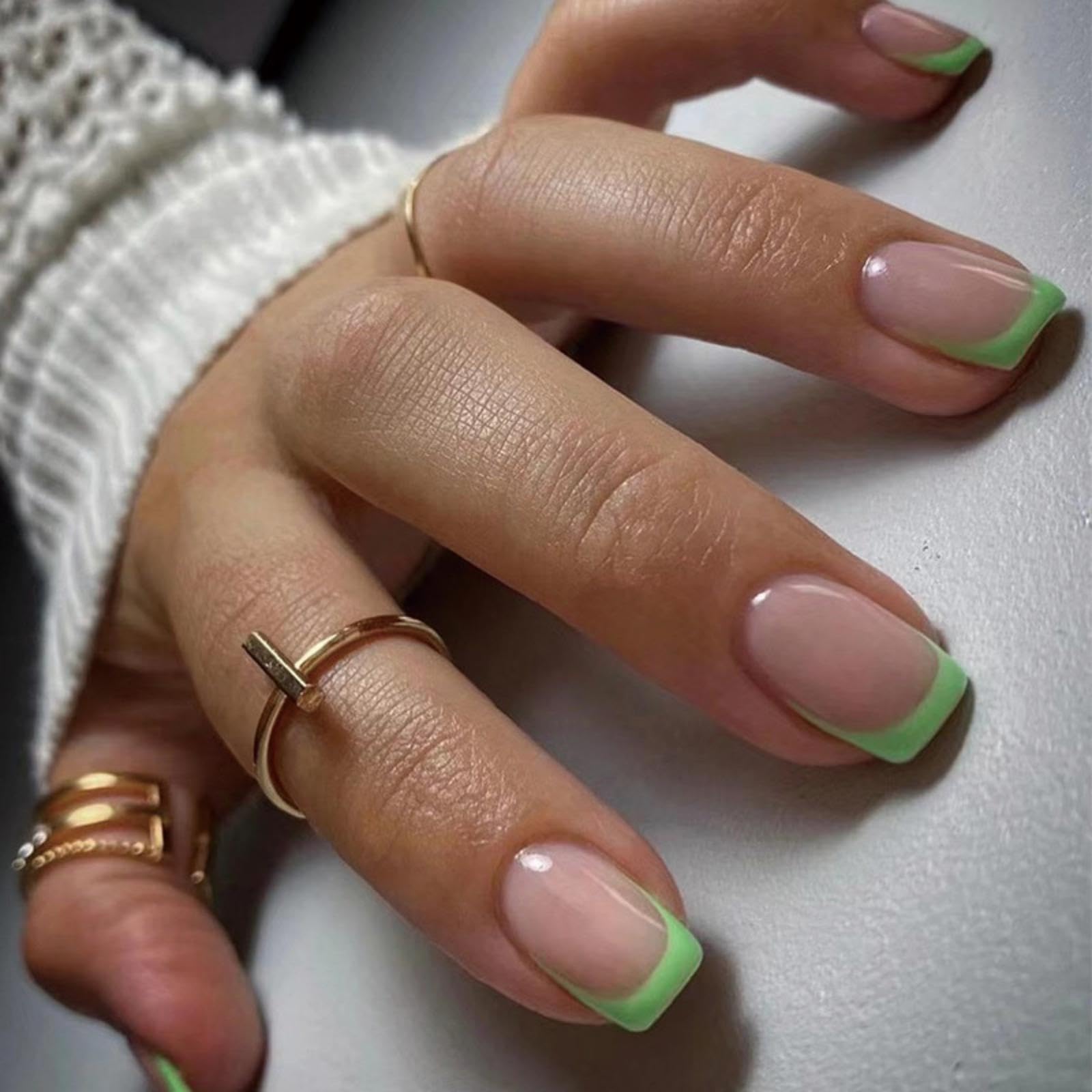 Photo 1 of BLGTGH Short Square Press On Nails - Green French Tips