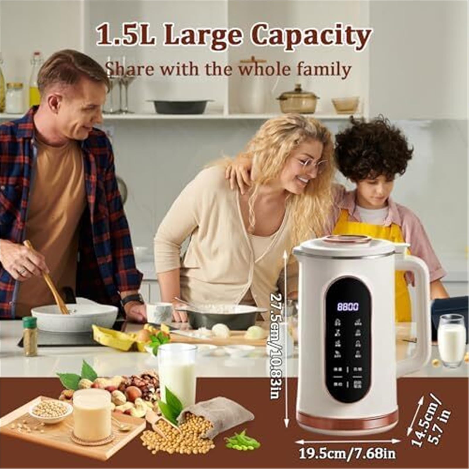 Macchina automatica per latte di soia e mandorle da 1,5 g, con macinino a 10 lame, timer 12 ore, funzione di mantenimento del calore, display a LED per bevande fatte in casa a base vegetale
