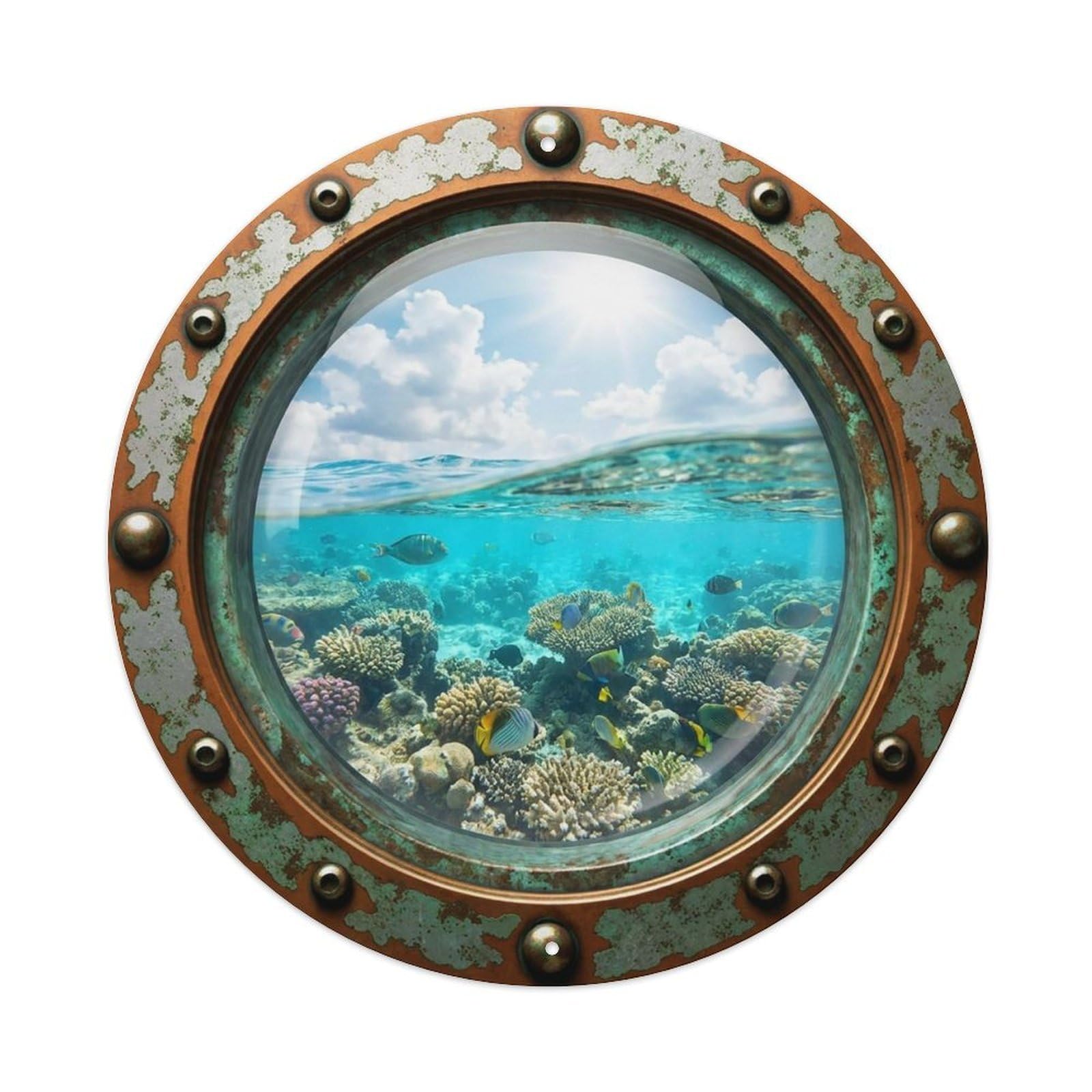 Vintage Porthole Coral Reef Nautical Window View Vintage Metal Tin Sign Plaque Wall Decor for Cafe, Club Bar, Office, Garden Metal Poster 8x8Inch