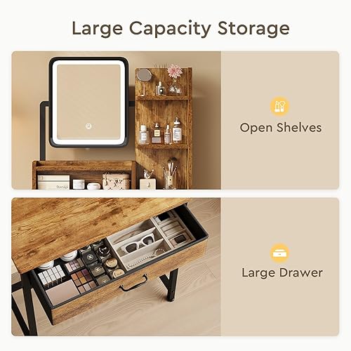 Miniatura 5 de Escritorio de maquillaje con espejo y luces, tocador pequeño con cajón de almacenamiento de tela, silla y estantes, juego de tocador de maquillaje