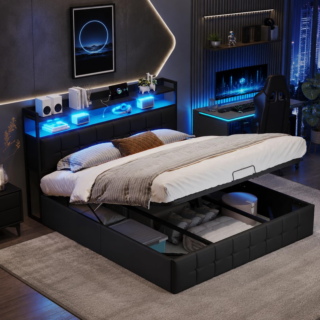 KeepGoon letto matrimoniale con contenitore 160 x 200 cm, letto imbottito con rete a doghe, testiera a LED con funzione USB, letto funzionale, in pelle nera, barra di pressione dell'aria