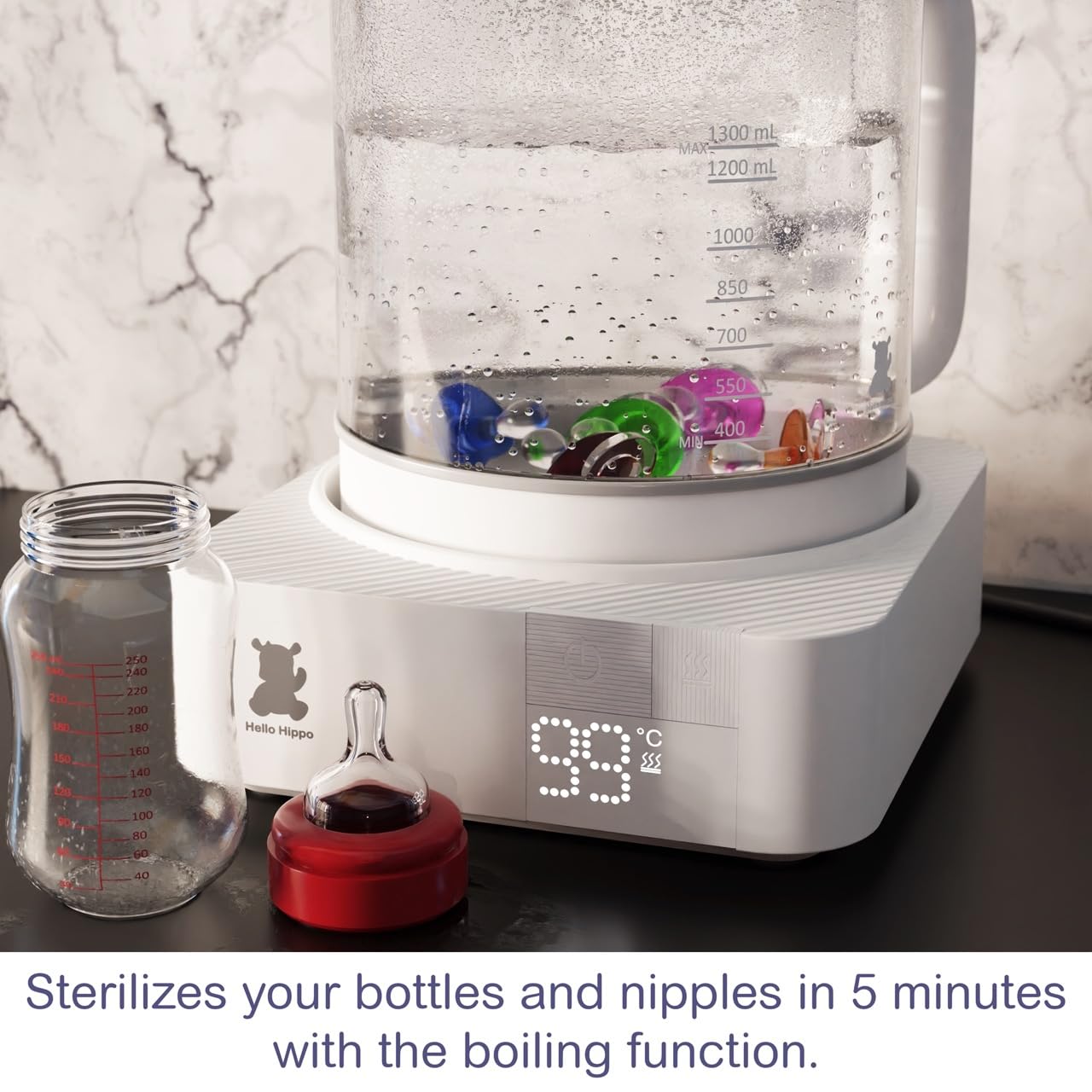 HELLO HIPPO® Bollitore Scaldabiberon 1300 mL in vetro - 800W basso consumo - Sterilizzatore per capezzoli - Mantiene il calore 24H - Temperatura regolabile da 45-100°C - Biberon, tè, cioccolato, caffè