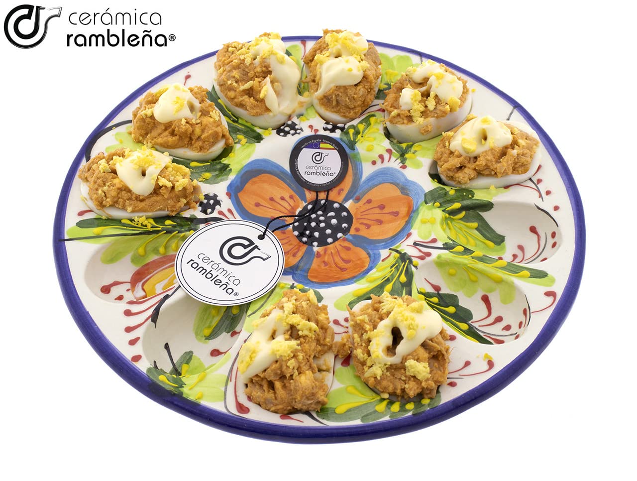 CÉRAMIQUE RAMBLAIGNE | Coquetier Amazon | Assiette à œufs farcis | Plateau en céramique | Modèle - M01 | Décoration 100 % faite à la main | 25,5 x 25,5 x 3 cm