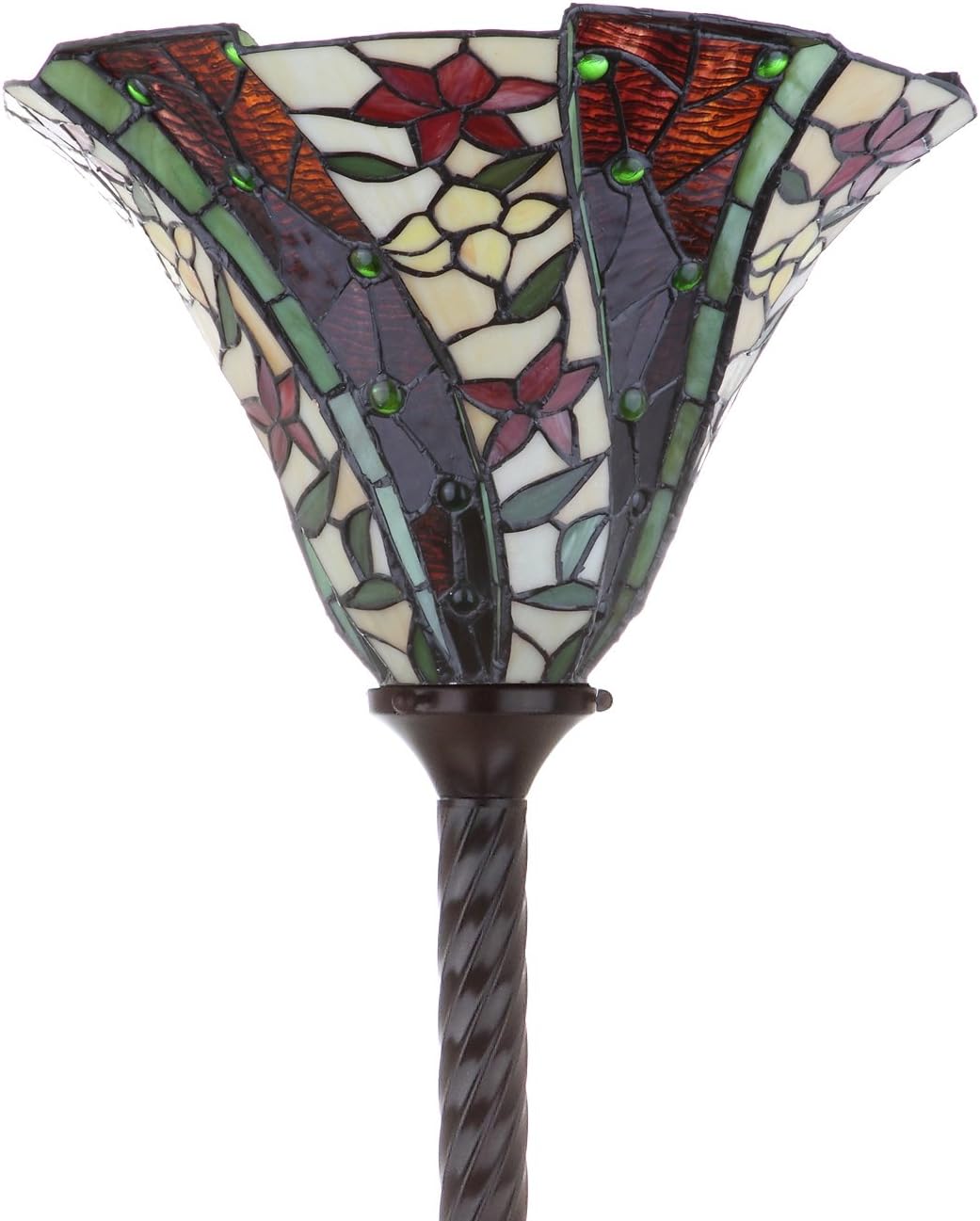 Close-up view of the Tiffany-style stained glass shade of the JONATHAN Y JYL8001A floor lamp, showing floral motifs and vibrant colors.
