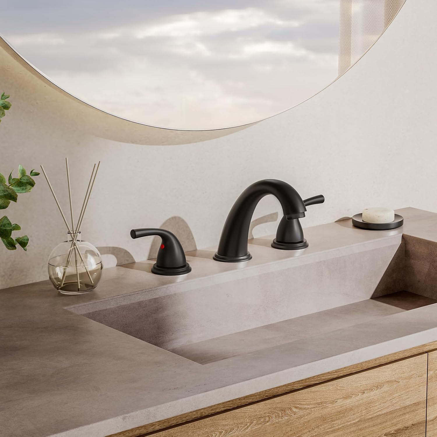 Phiestina 8 Inch 3 Hole Matte Black Widespread Bathroom Faucet, Low Arc Basin Sink Faucet, with Metal Pop-up Drain with Overflow and Water Supply Line, BF03008-B11-MB