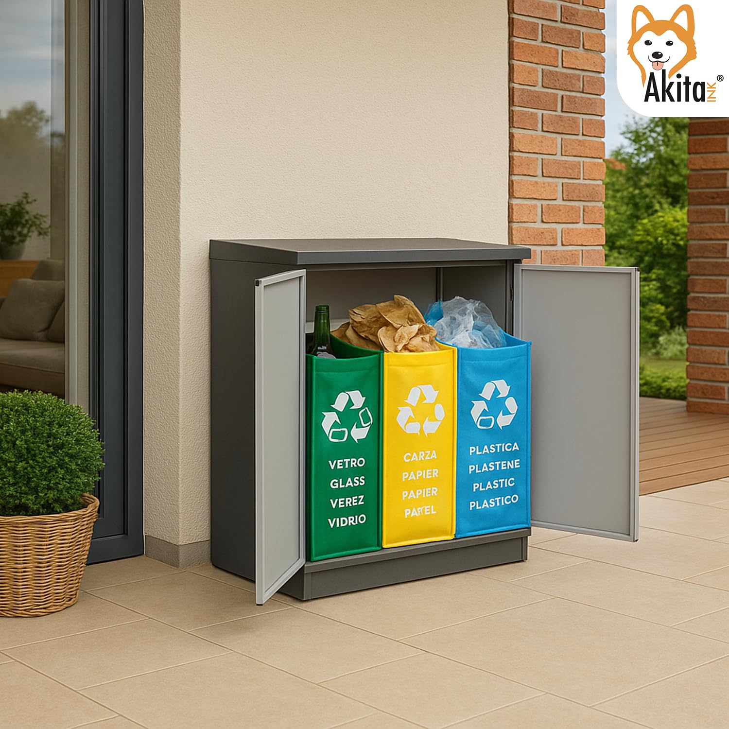 Armadio Basso 2 Ante per Raccolta Differenziata 68x39,5x85 cm AKITAINK – Mobile in Plastica con Ripiano, Resistente e Pratico per Casa, Garage e Giardino