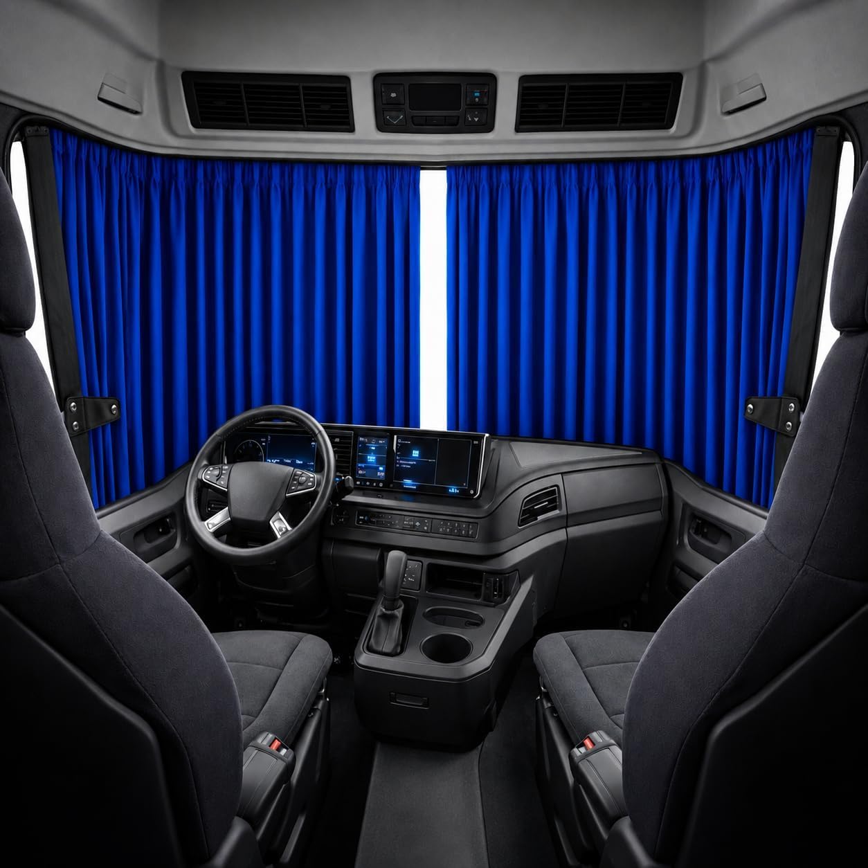 LKW Gardinen Scheibengardinen Vorhänge Passform Universal Blau mit Schwarz Leder Kante + Haken