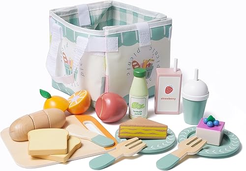 Juego de 21 piezas de comida de madera para niños, juego de cocina de corte de simulación, juego de picnic con alimentos, frutas, jugo y bolsa,