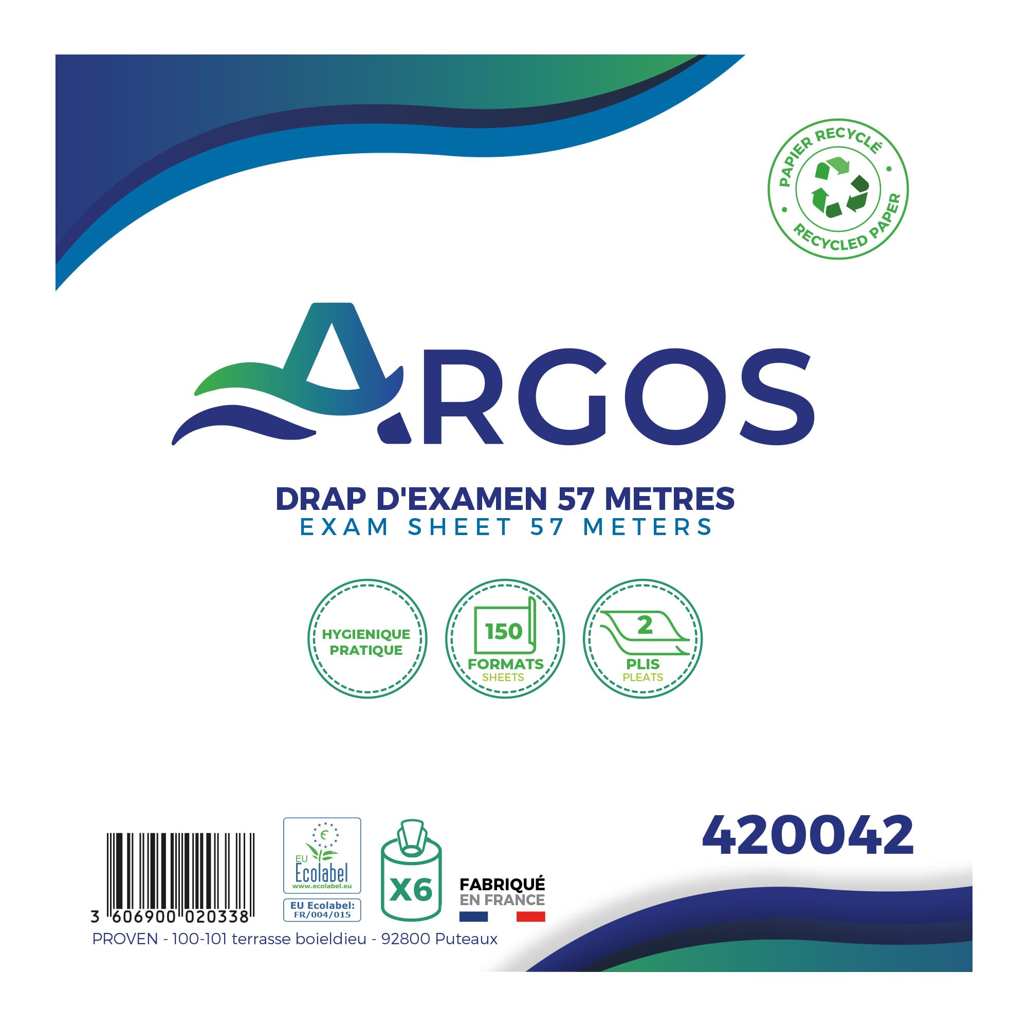 ARGOS - Drap d'examen rouleau blanc - Cellulose recyclée - Confort et absorption - 57M - 150 format - Fabrication française - 6 Rouleaux de 150 Feuilles