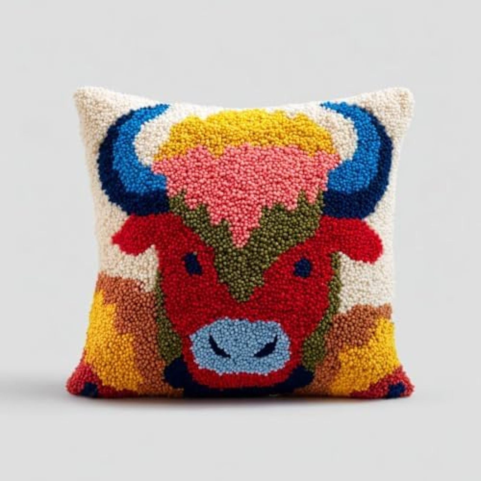 kitphoenix DIY Latch Hook Cushion Kit for Adults,Buffalo,Handmade Cushion Cover Craft Set,Creative Gift for Women with Yarn and Hook,43x43 cm