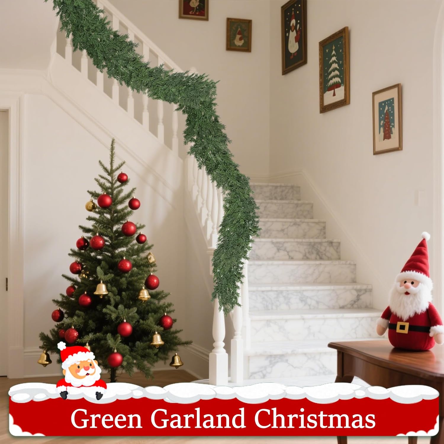 Christmas Garland Soft Bendable Realistic Artificial Cedar Pine Green Xmas Mantle Garland for Staircase with Gift Box Garlands for Decoration Christmas Fireplace Porch Table Home Yard Decor - Image 7