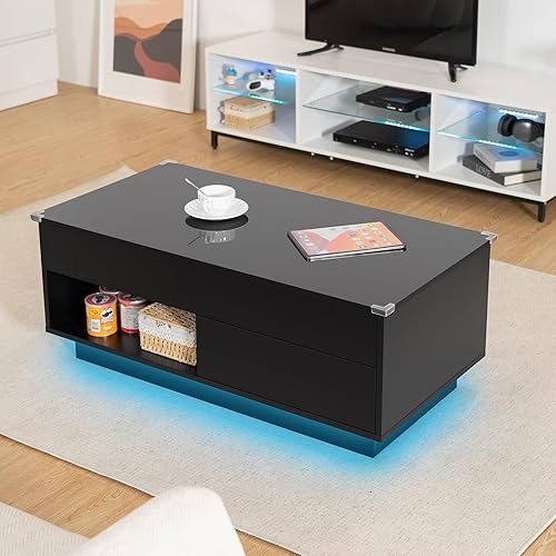 Miniatura 9 de HOMMPA Morden - Mesa de centro elevable con almacenamiento LED, mesa de centro de alto brillo, mesa de té moderna de 3 niveles con mesas centrales