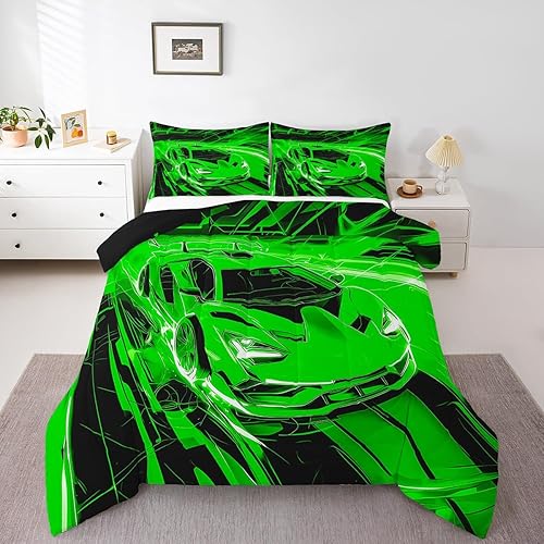jejeloiu Green Race Car Comforter Set Queen Size Extreme Spo