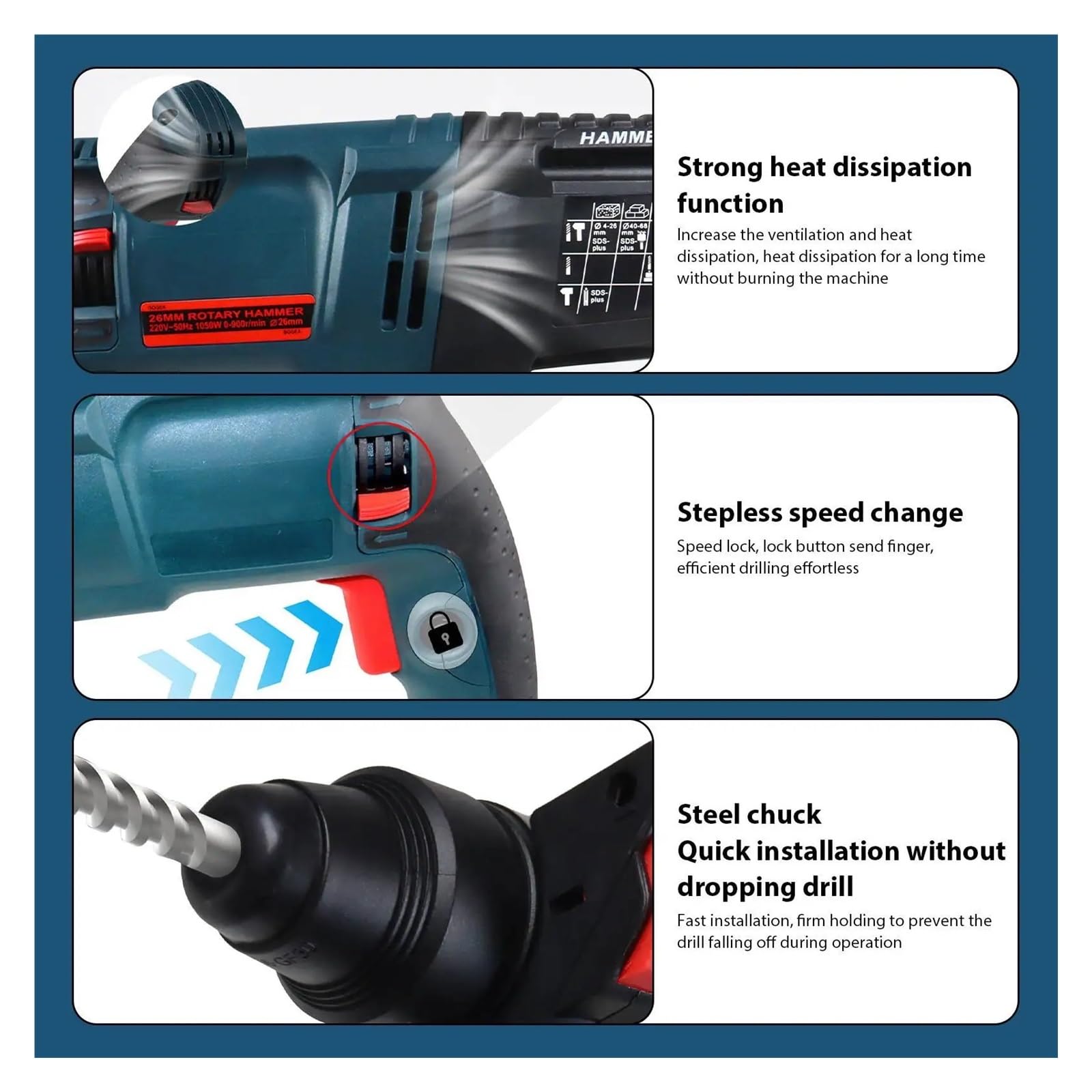 Wiertarka Udarowa 1100 W Wielofunkcyjny Elektryczny Młot Obrotowy 3 W 1 Elektryczny Młot Udarowy Wiertarka Domowa Do Betonu Zestaw Maszyn Do Wiercenia(Advanced)