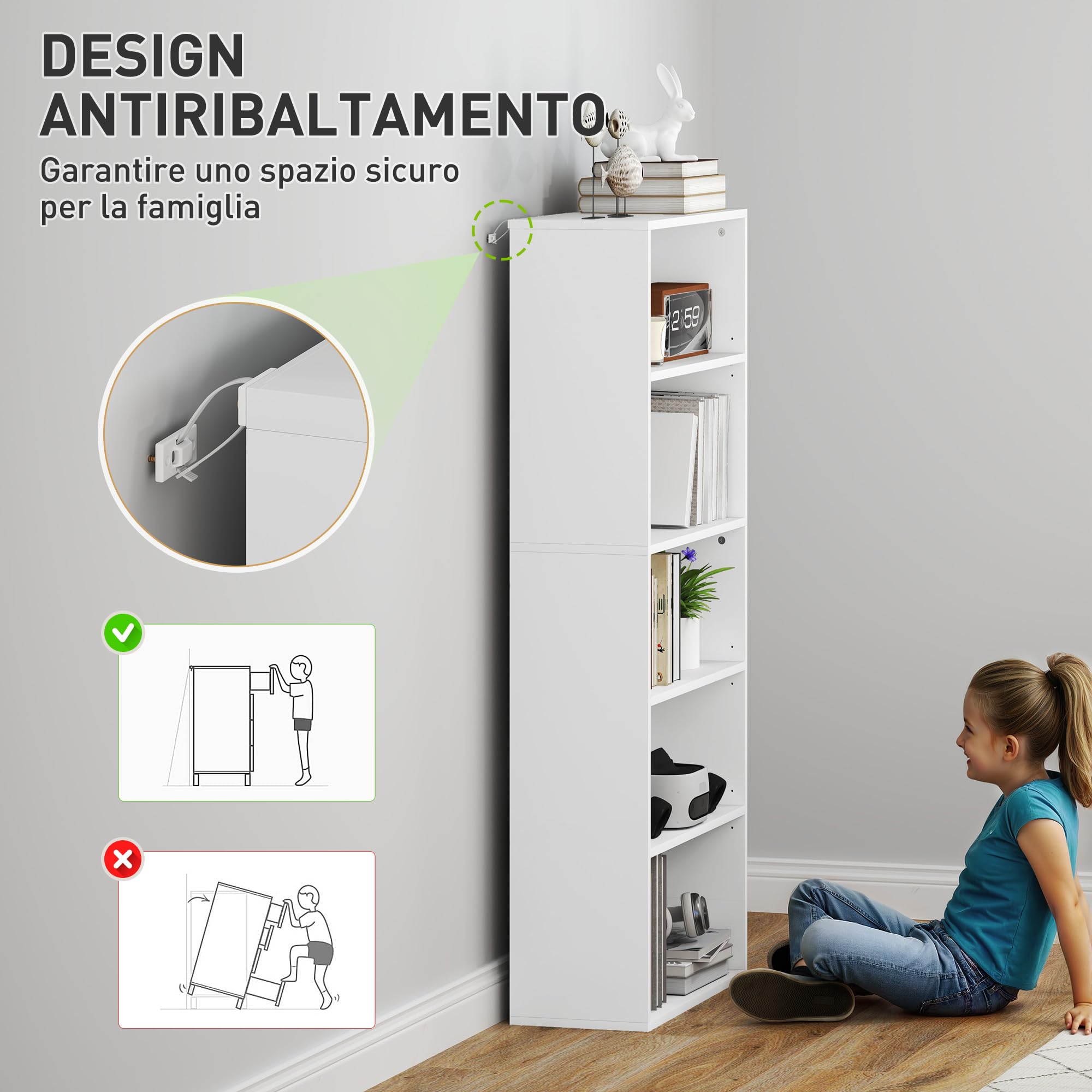 HOMCOM Mobile Libreria a 5 Ripiani con 3 Scaffali Regolabili, Libreria Scaffale Moderna in Legno, 60x24x133.5 cm, Bianco