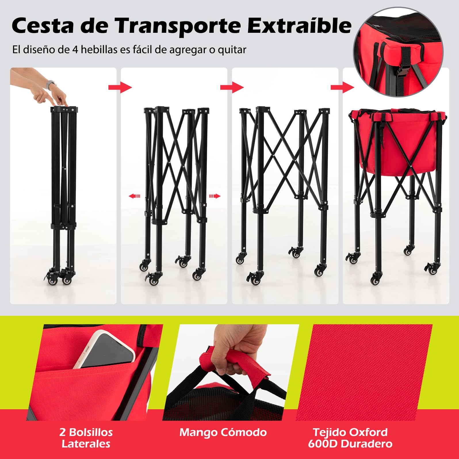 GYMAX Carrito para Pelotas de Tenis, con Marco de Aluminio y Bolsa de Transporte, Carrito de Tenis de hasta 30 kg, Carrito de Transporte para Pelotas de Tenis, Béisbol y Pelotas de Pickball