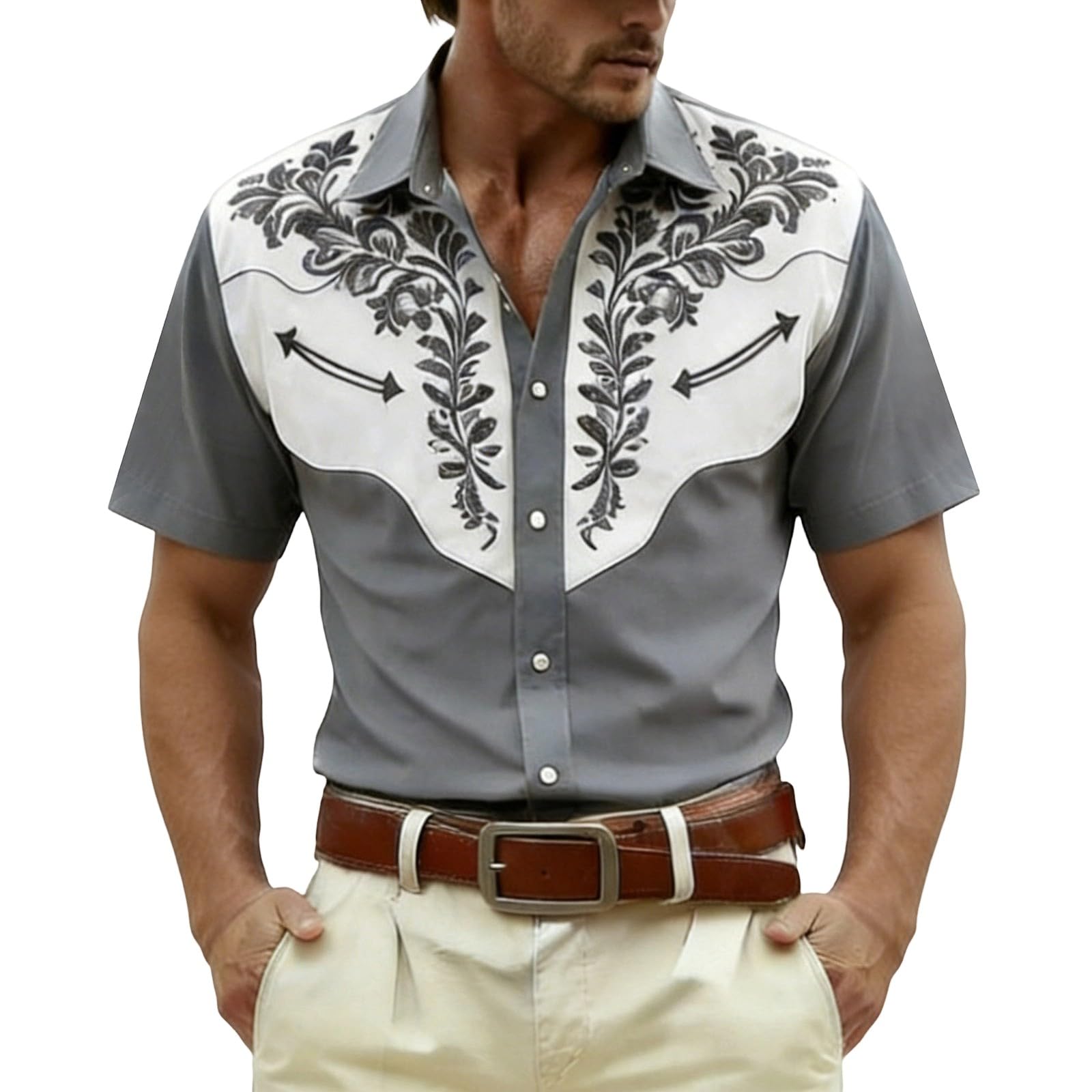 Cowboy Shirt Men's Western Shirts Cowboy Costume Men Western Shirts Western Cowboy Shirt Snap Embroidery Shirts Lapel Collar Classic Casual Shirt for Carnival Party Outfit, O Grey, XL