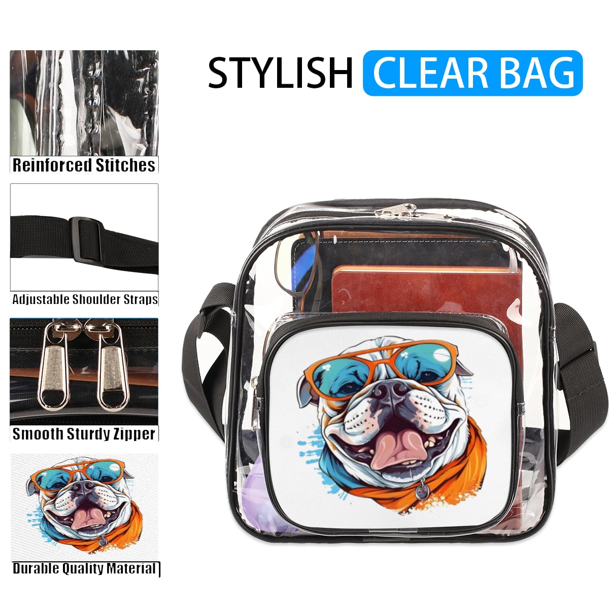 GzLeyigou Clear Crossbody Bag Stadium Approved Cool Glass Dog Transparent Bag for Festivals, Sports Events, Concerts,Beach Bag for Women Men Bulldog Clear Purse with Front Pocket Messenger Bag