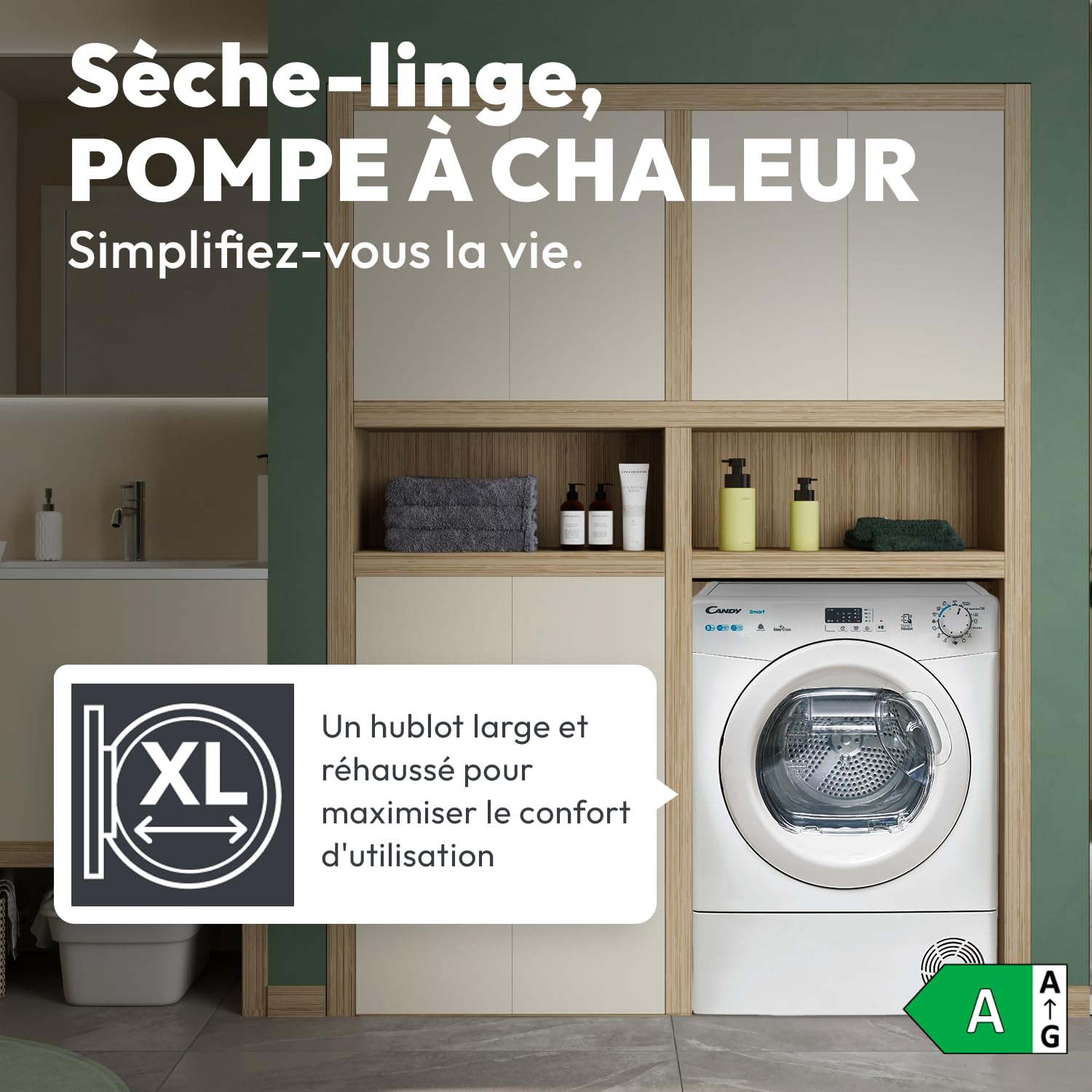 CANDY Sèche-Linge Pompe à Chaleur 8 Kg Classe Énergétique E NFC Départ Différé Bac à Eau Easy Case Blanc 85 x 59,6 x 58,5 cm CSE H8A1LE-S
