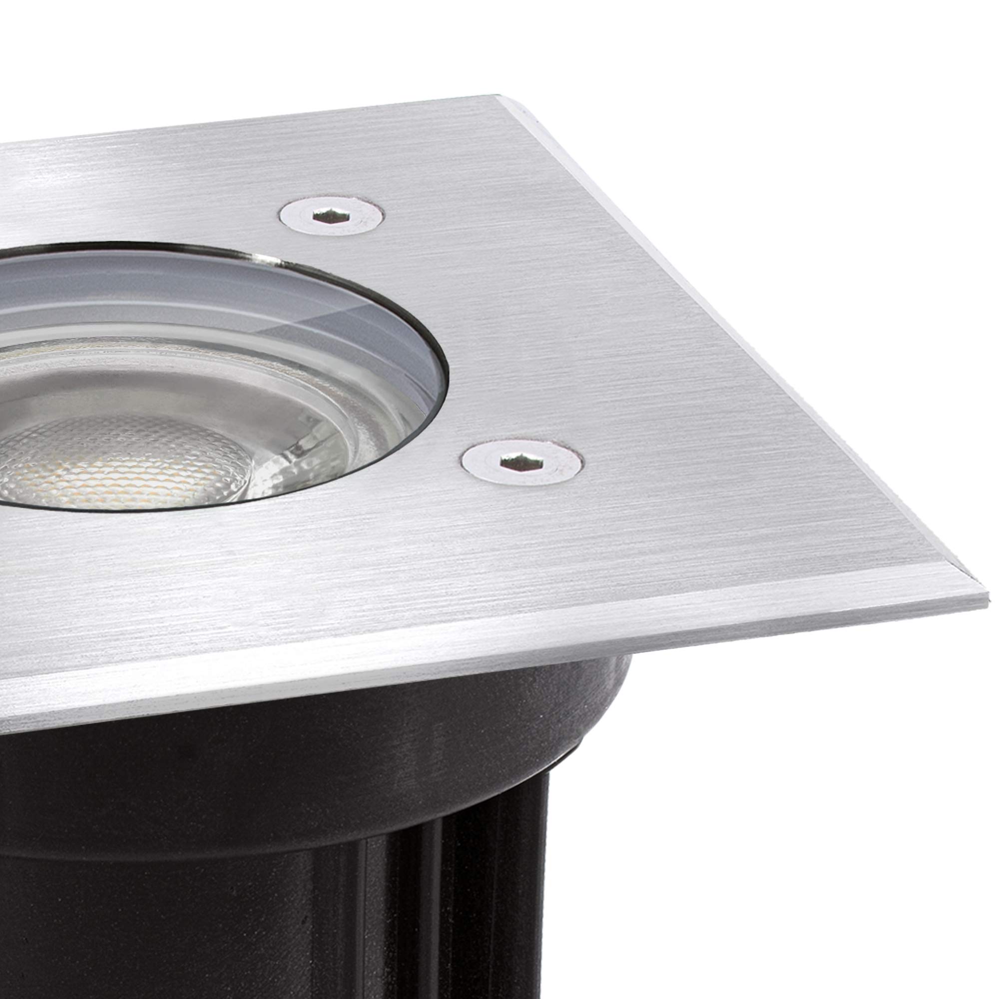 linovum BOQU 4 Stück Bodeneinbaustrahler eckig IP67 GU10 ohne Leuchtmittel | Befahrbare Bodenstrahler eckig silber, Fassung für GU10 Lampen mit Kabelanschluss - für Wege, Einfahrt, Garten, Terrasse