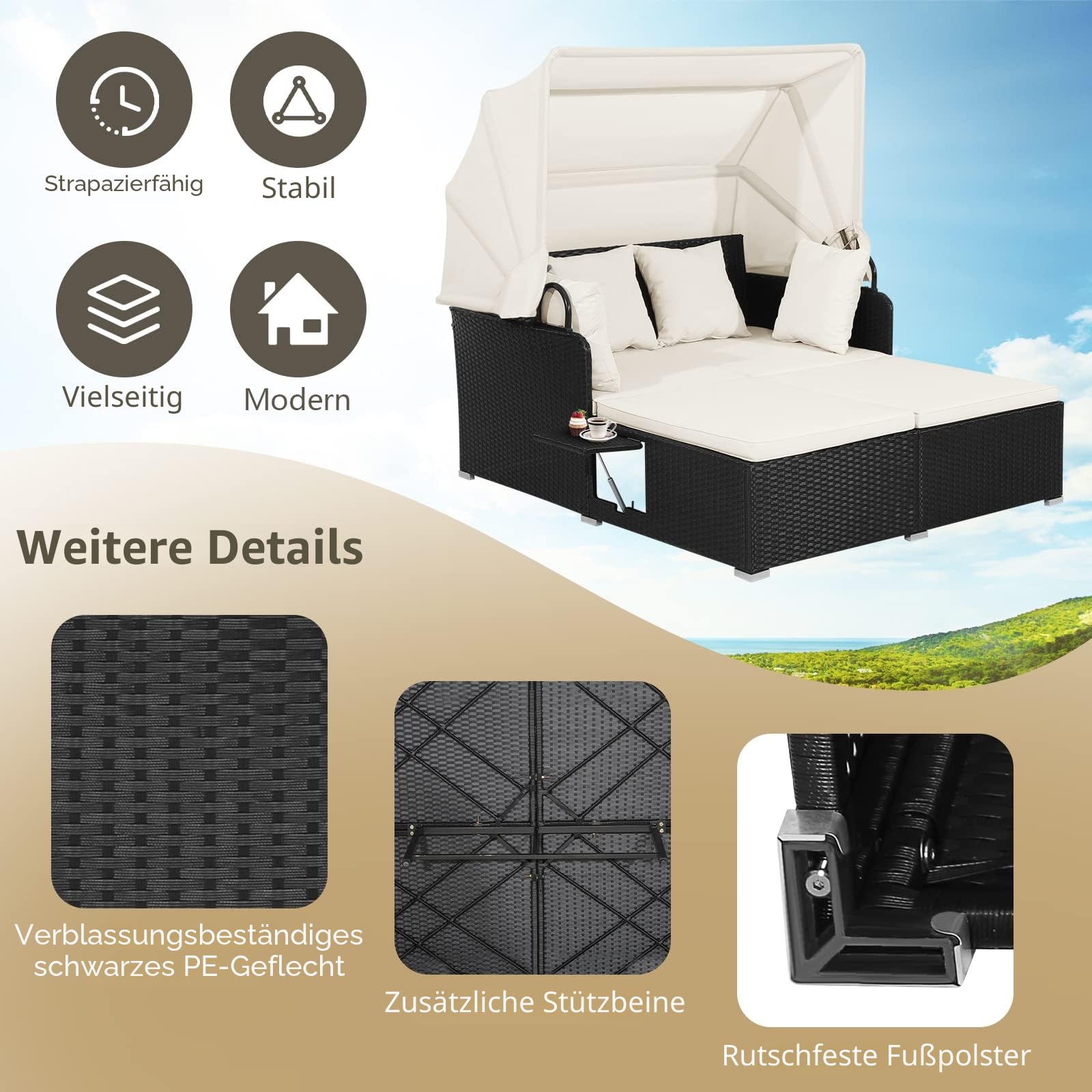 GIANTEX Sonneninsel Sonnenliege Set Rattan, Gartenliege 2 Personen mit faltbarem Sonnendach, Doppelliege Liegeinsel mit klappbaren Tablett & Kissen, Gartenlounge Gartenmuschel Daybed Outdoor (Beige)