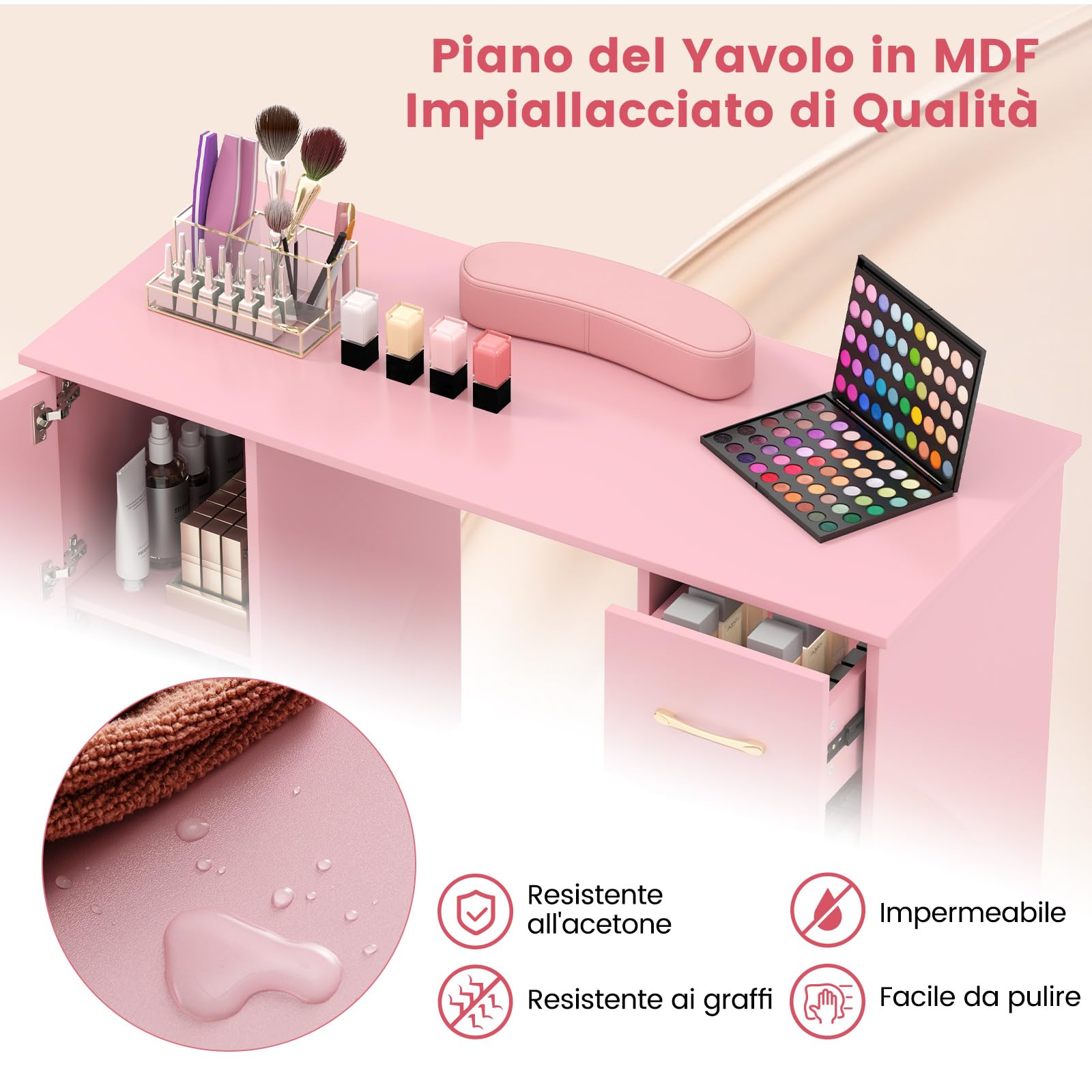 COSTWAY Tavolo per Manicure, Tavolo per Unghie con Cassetti, Cuscino Poggia Polsi e Gambe in Metallo, Stazione per Unghie Estetista Nail Art per Salone di Bellezza (Rosa)