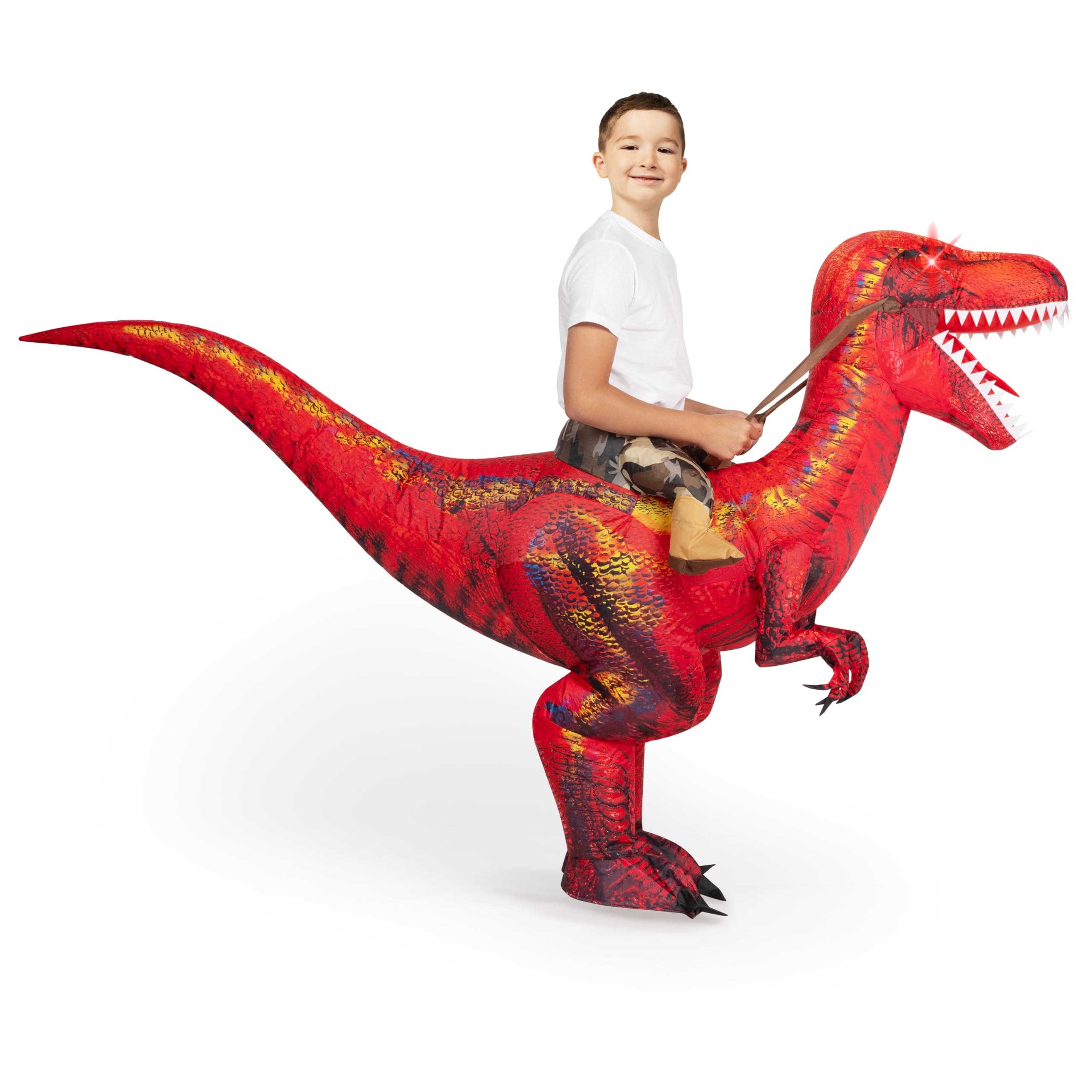 Spooktacular Creations Disfraz de dinosaurio inflable para niños, disfraz de T-Rex con ojos iluminados LED, montar un raptor, disfraces de Halloween inflables con aire impreso digitalmente