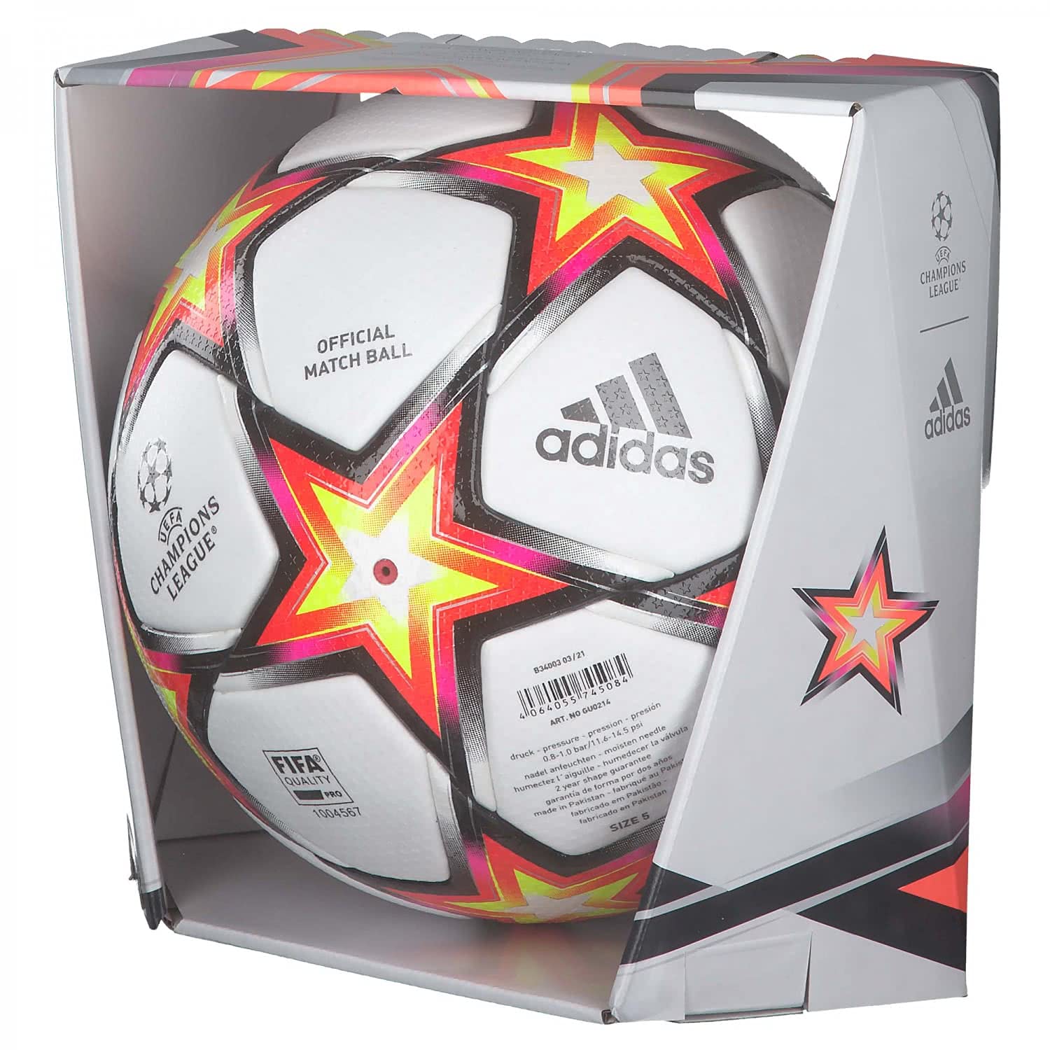 Adidas GU0214 UCL Pro PS Recreational Soccer Ball Unisex Top:White/Solar Red/Solar Yellow/Black Bottom:Shock Pink F18/SILVER Met./Iron Met. 5